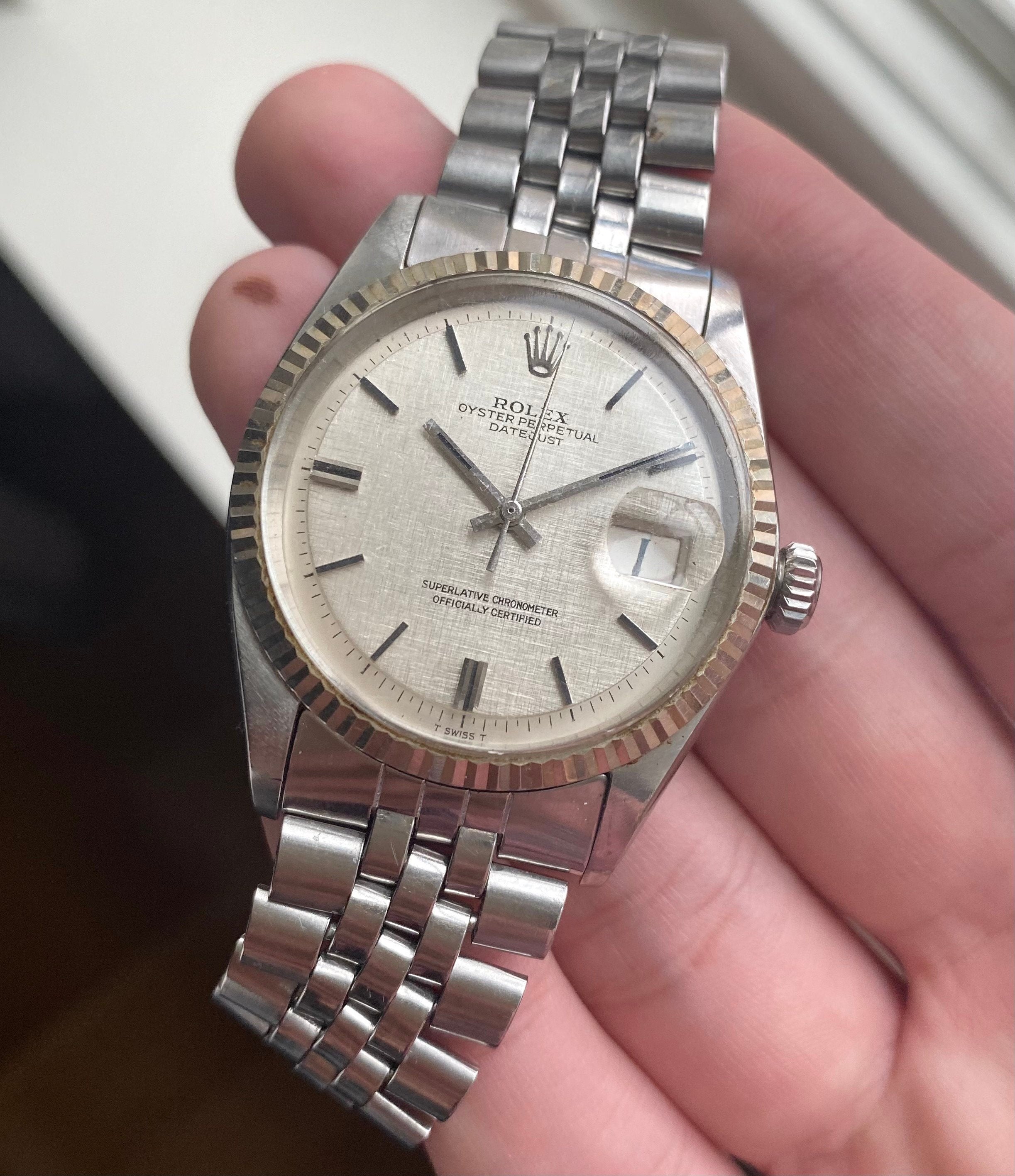 Vintage Rolex Datejust 1601 70s Automatic Silver Linen Dial Oyster Case Watch