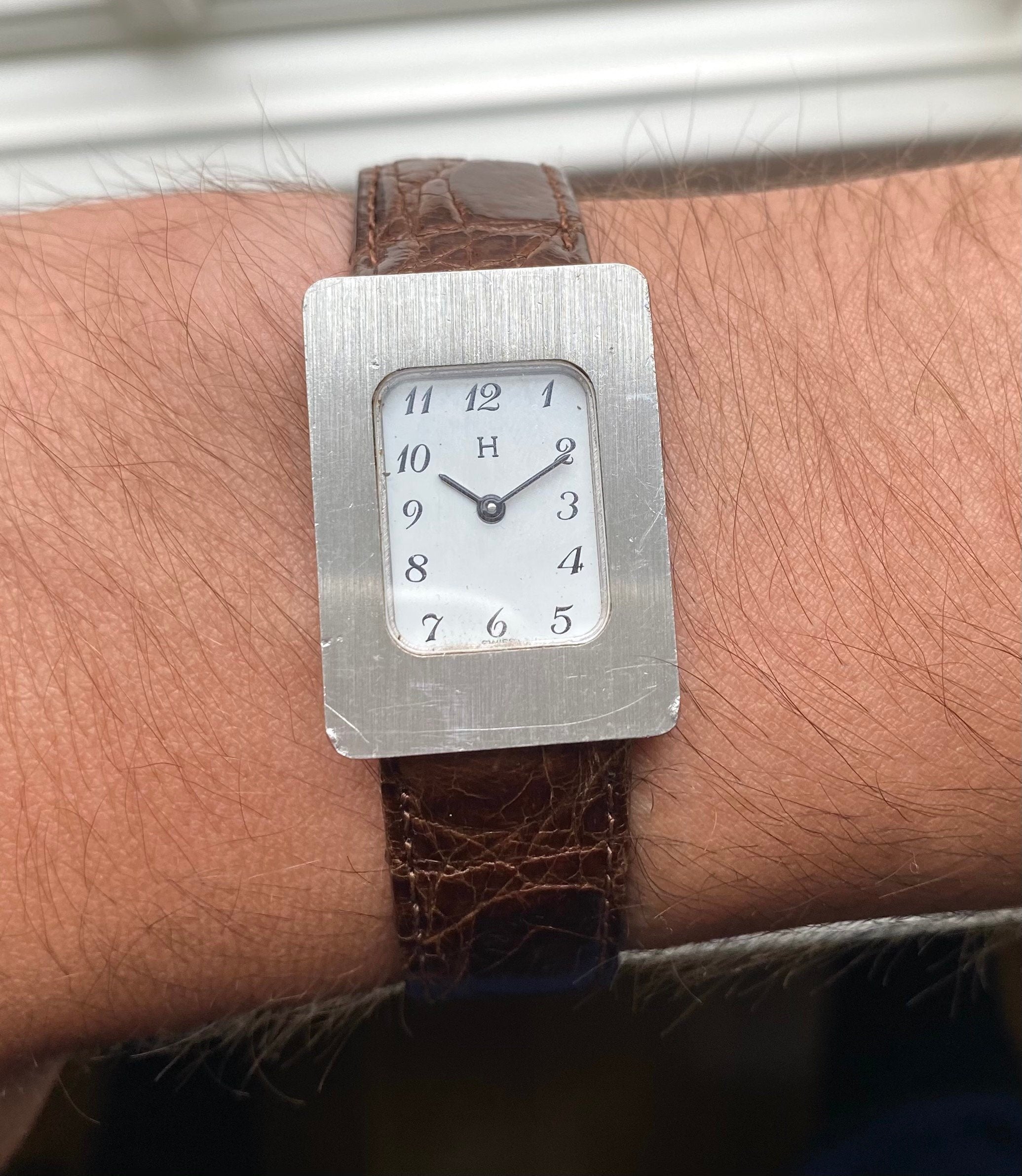 Vintage Hermes Tank 80s Tank Manual Wind White Arabic Numeral Dial Steel Watch
