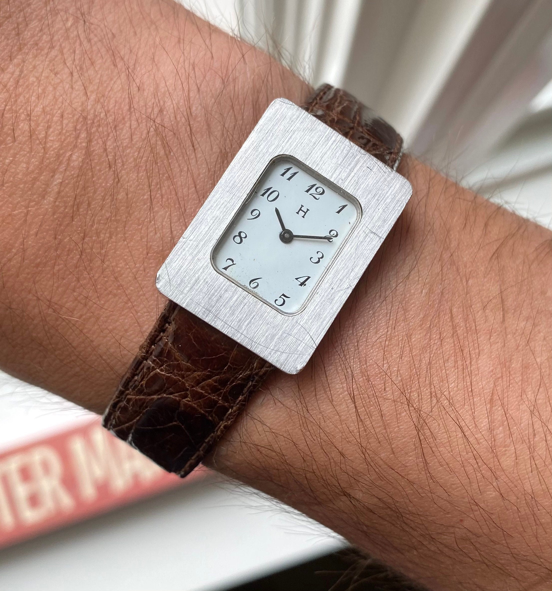 Vintage Hermes Tank 80s Tank Manual Wind White Arabic Numeral Dial Steel Watch