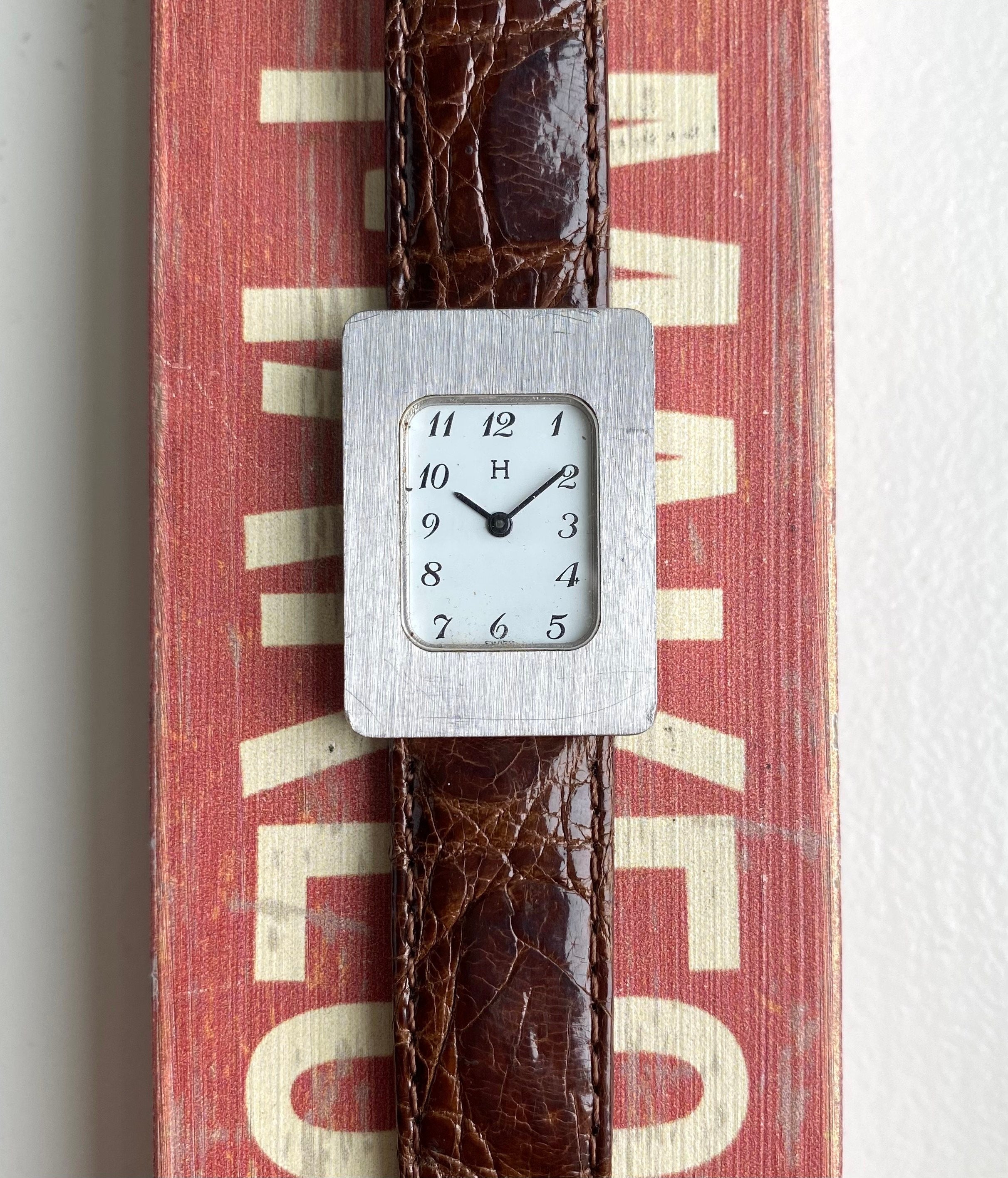 Vintage Hermes Tank 80s Tank Manual Wind White Arabic Numeral Dial Steel Watch