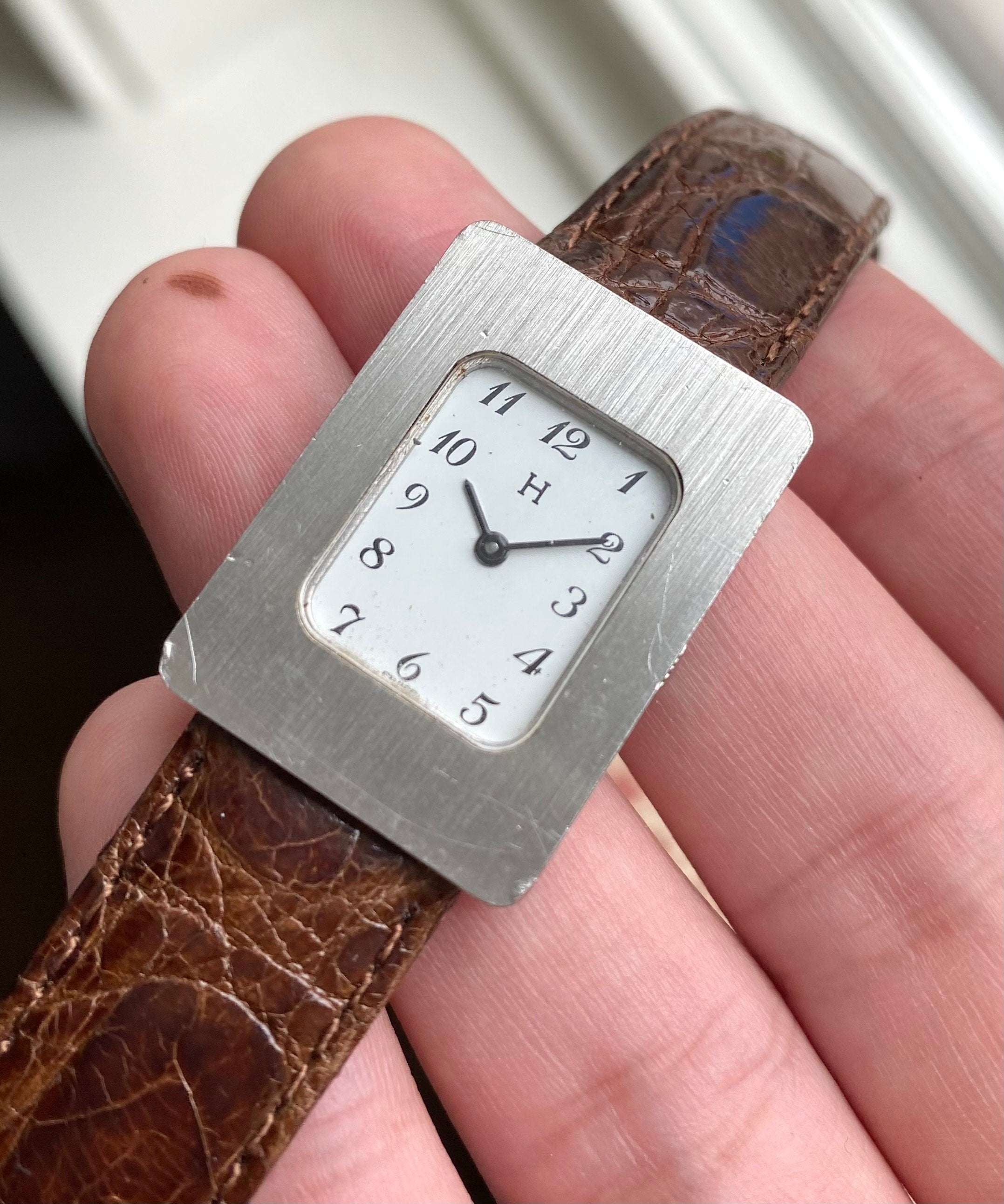 Vintage Hermes Tank 80s Tank Manual Wind White Arabic Numeral Dial Steel Watch