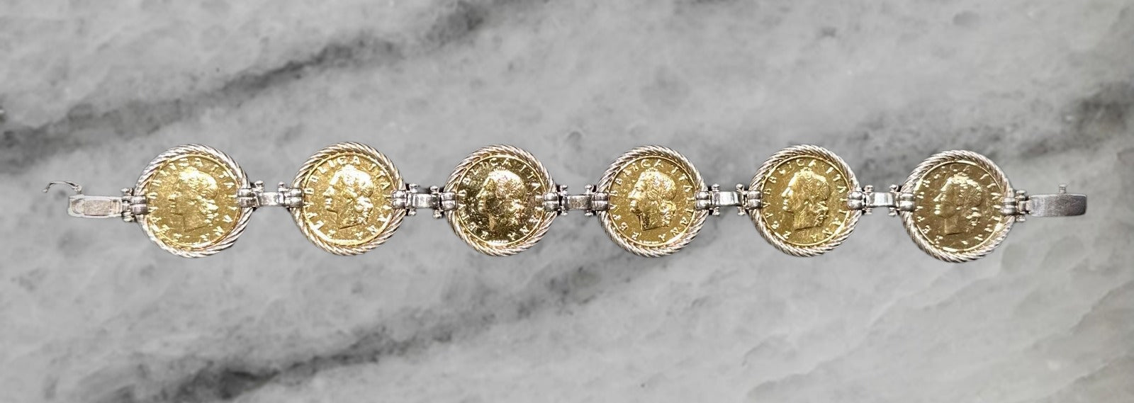 Italy Sterling Silver Gold Plated 20 Lire Coin Bracelet 8 75