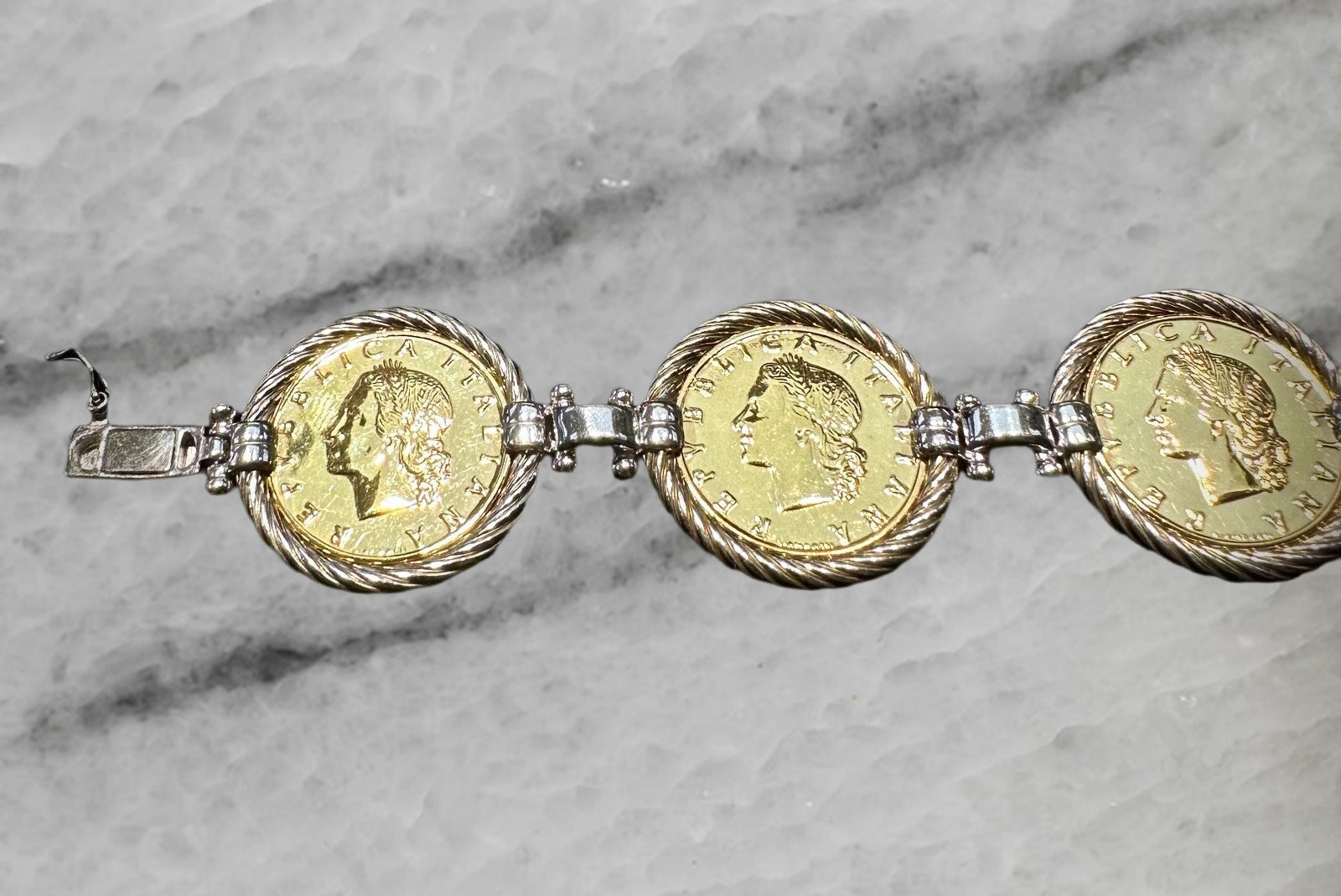 Italy Sterling Silver Gold Plated 20 Lire Coin Bracelet 8 75