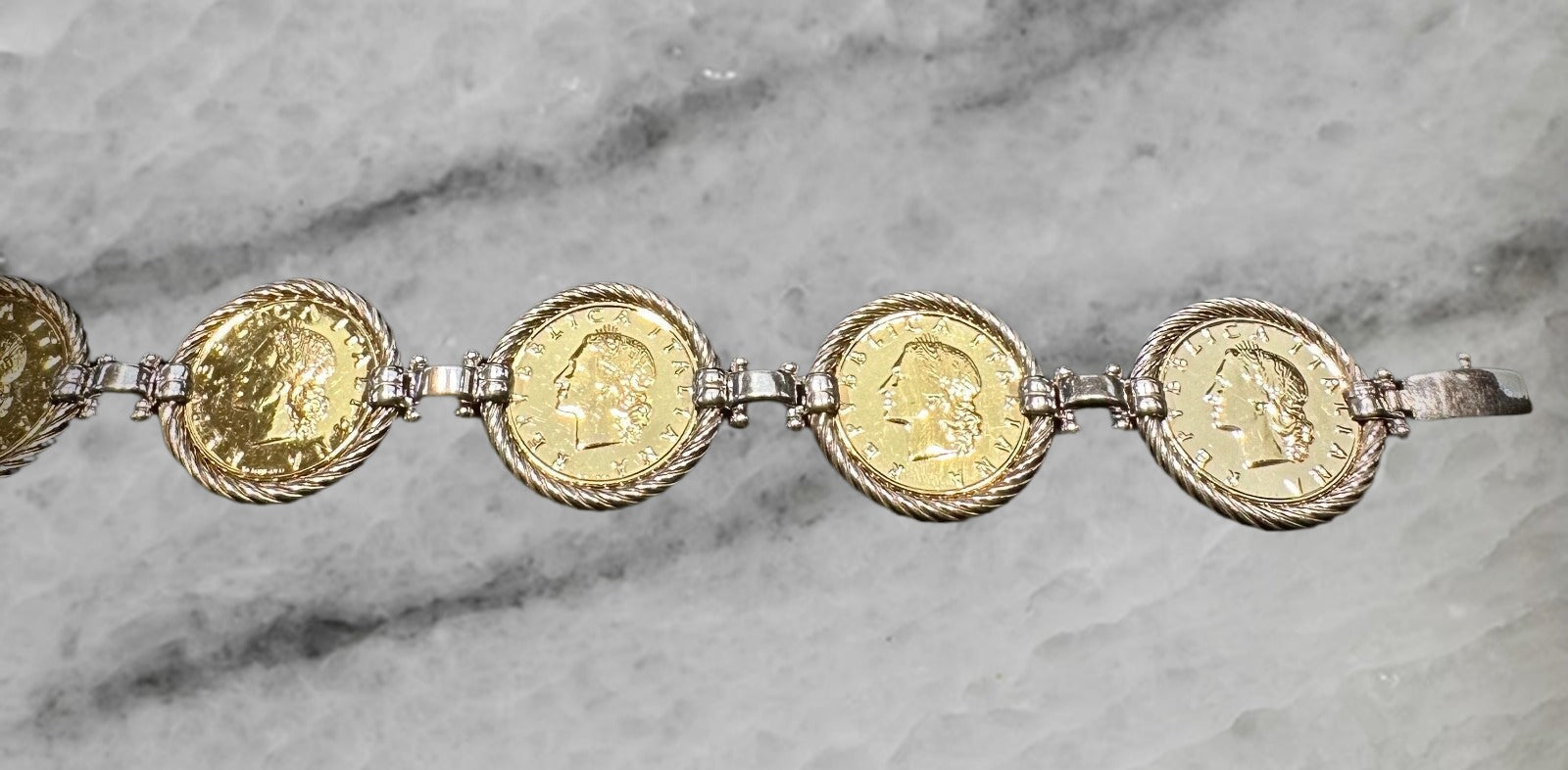 Italy Sterling Silver Gold Plated 20 Lire Coin Bracelet 8 75