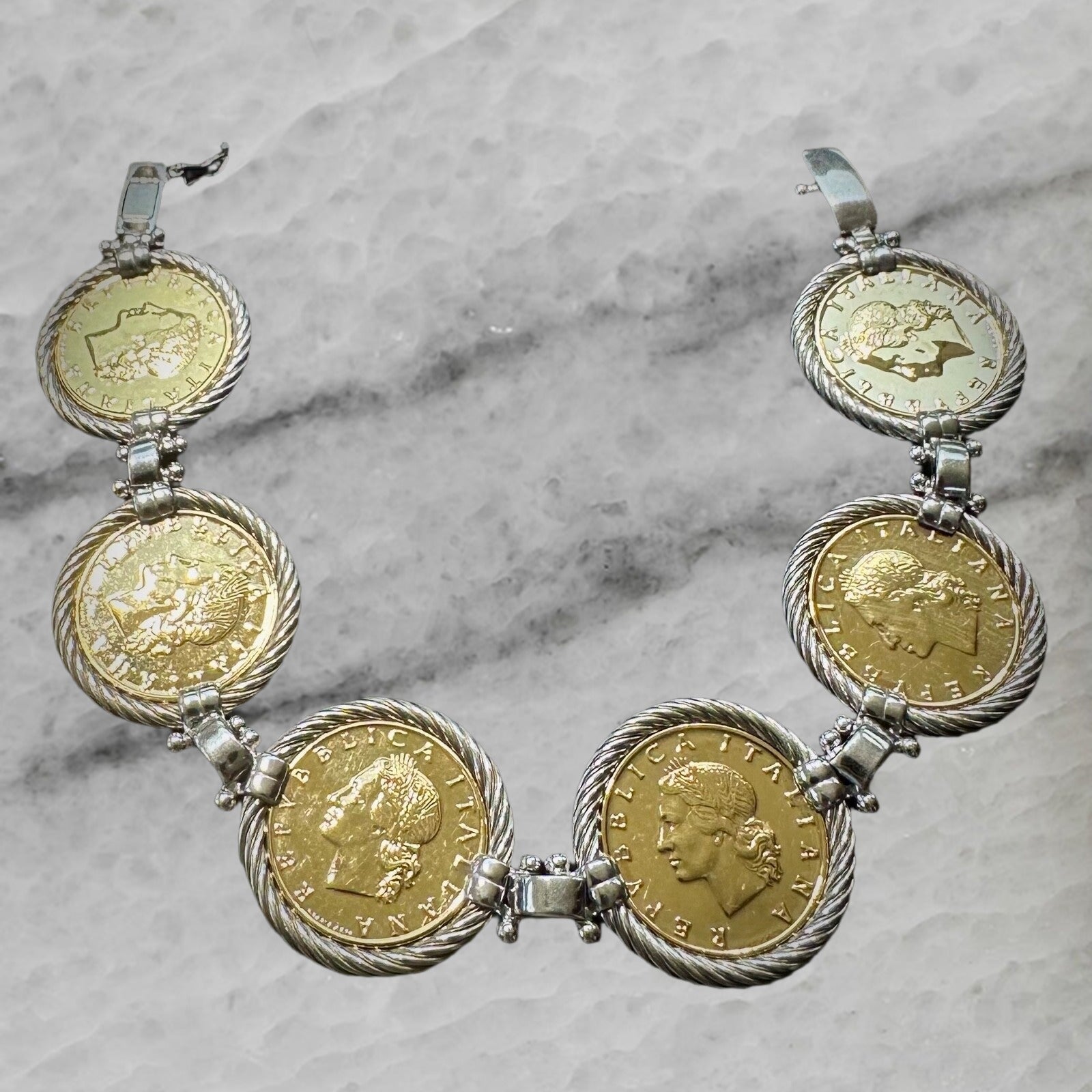 Italy Sterling Silver Gold Plated 20 Lire Coin Bracelet 8 75
