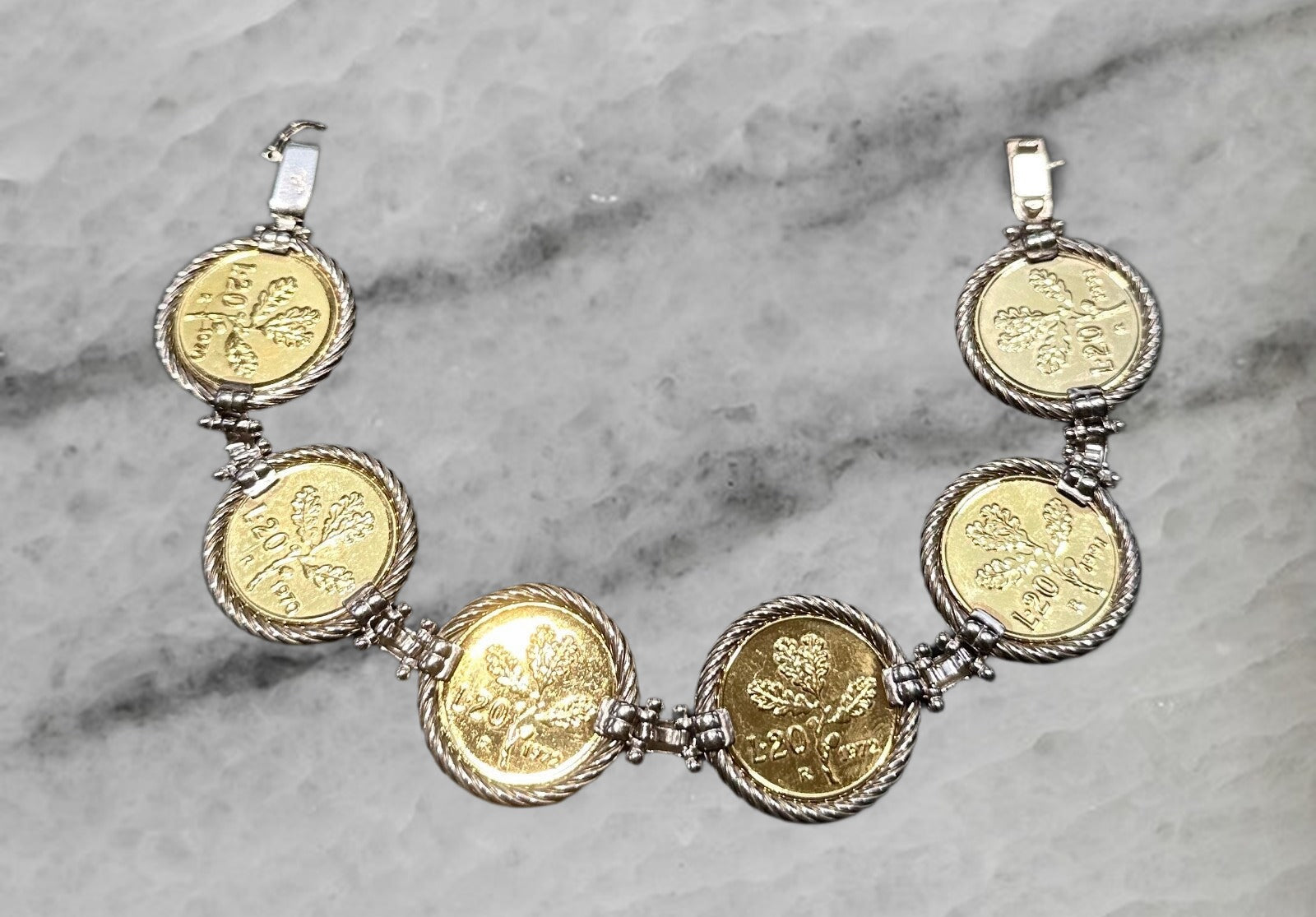 Italy Sterling Silver Gold Plated 20 Lire Coin Bracelet 8 75