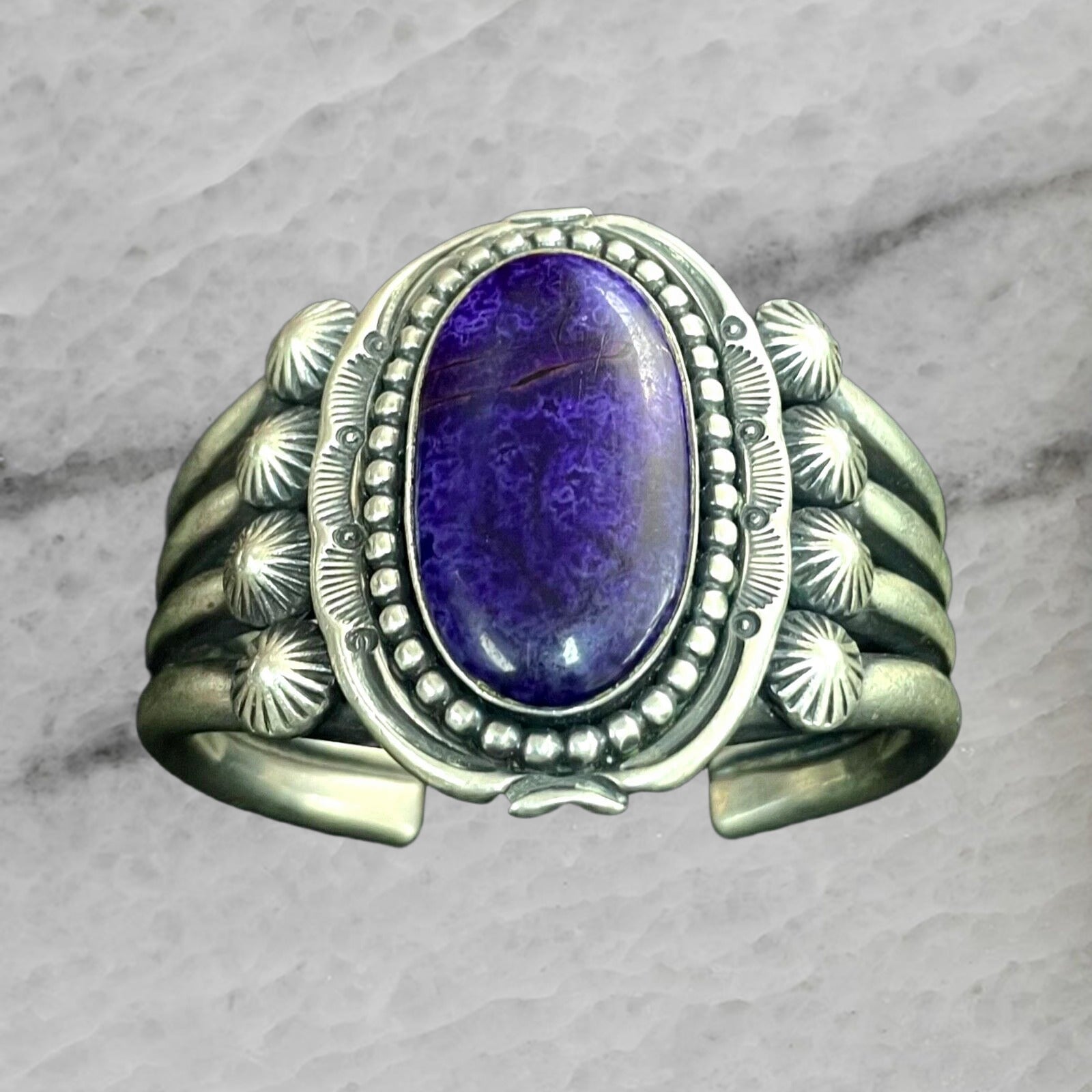 Jeanette Dale Vintage Sterling Silver Cuff Bangle Bracelet with Charoite