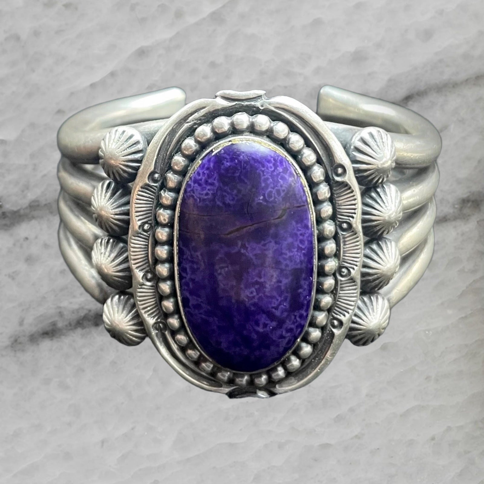 Jeanette Dale Vintage Sterling Silver Cuff Bangle Bracelet with Charoite