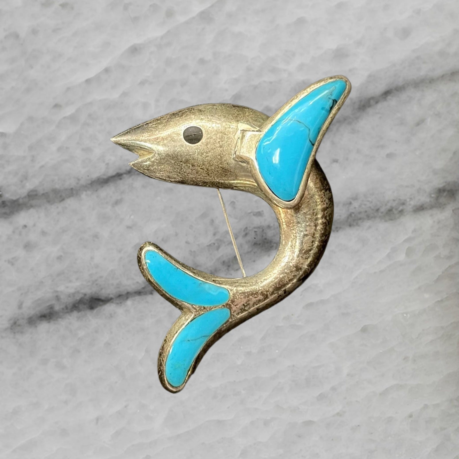 Mexico Vintage CDC TD 27 950 Silver Fish Pin Brooch with Inlaid Turquoise