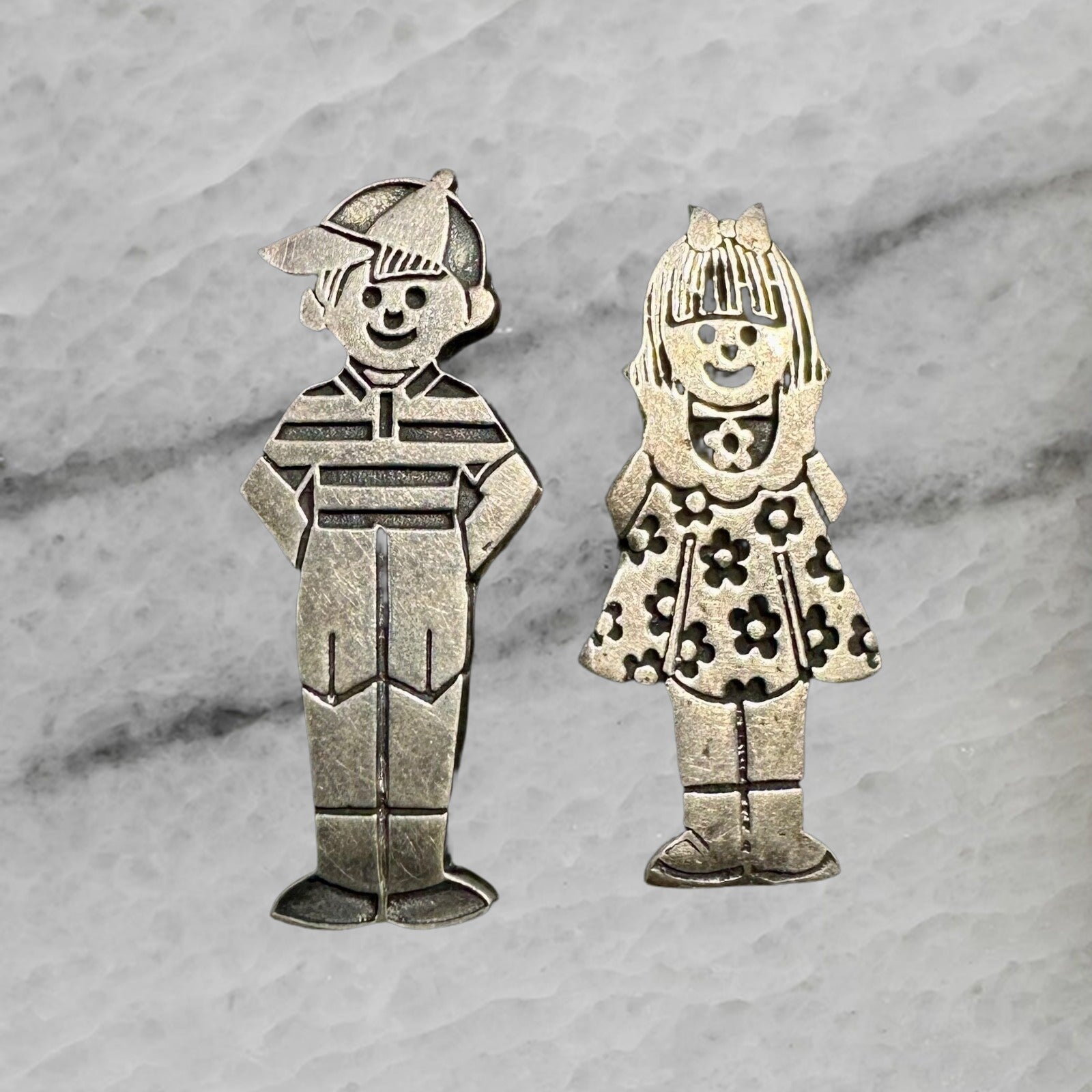 Mexico Vintage Sterling Silver Boy Girl Brooch Pins