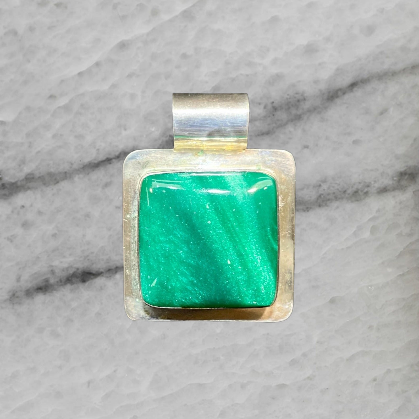 Mexico Vintage Sterling Silver Large Slider Pendant with Green Stone