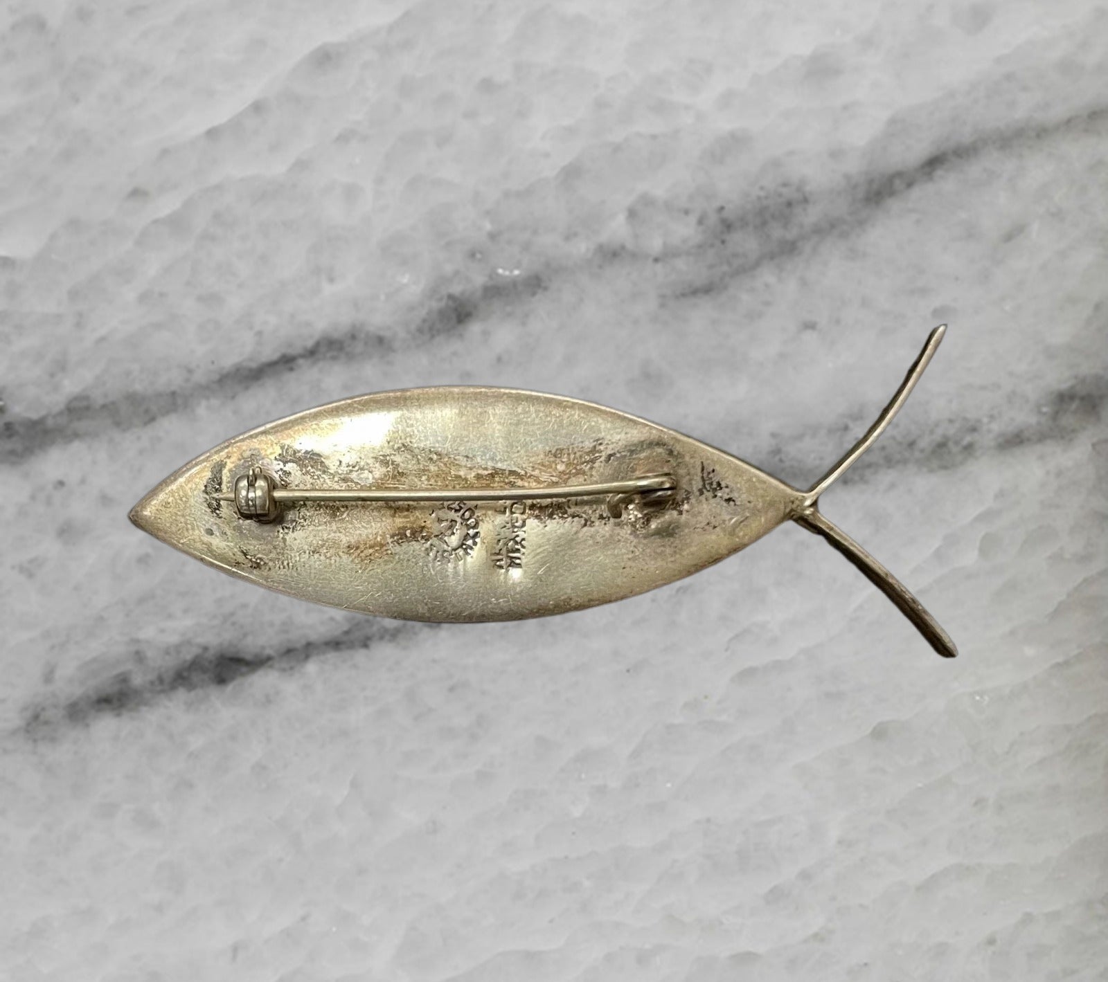 Mexico Vintage Taxco Sterling Silver Ichthys Fish Brooch Pin with Lapis Lazuli