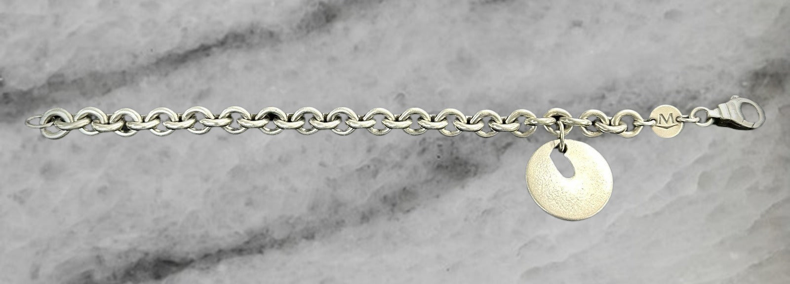 Movado Vintage Sterling Silver Rolo Link Cable Chain Bracelet 7 w Heart Charm