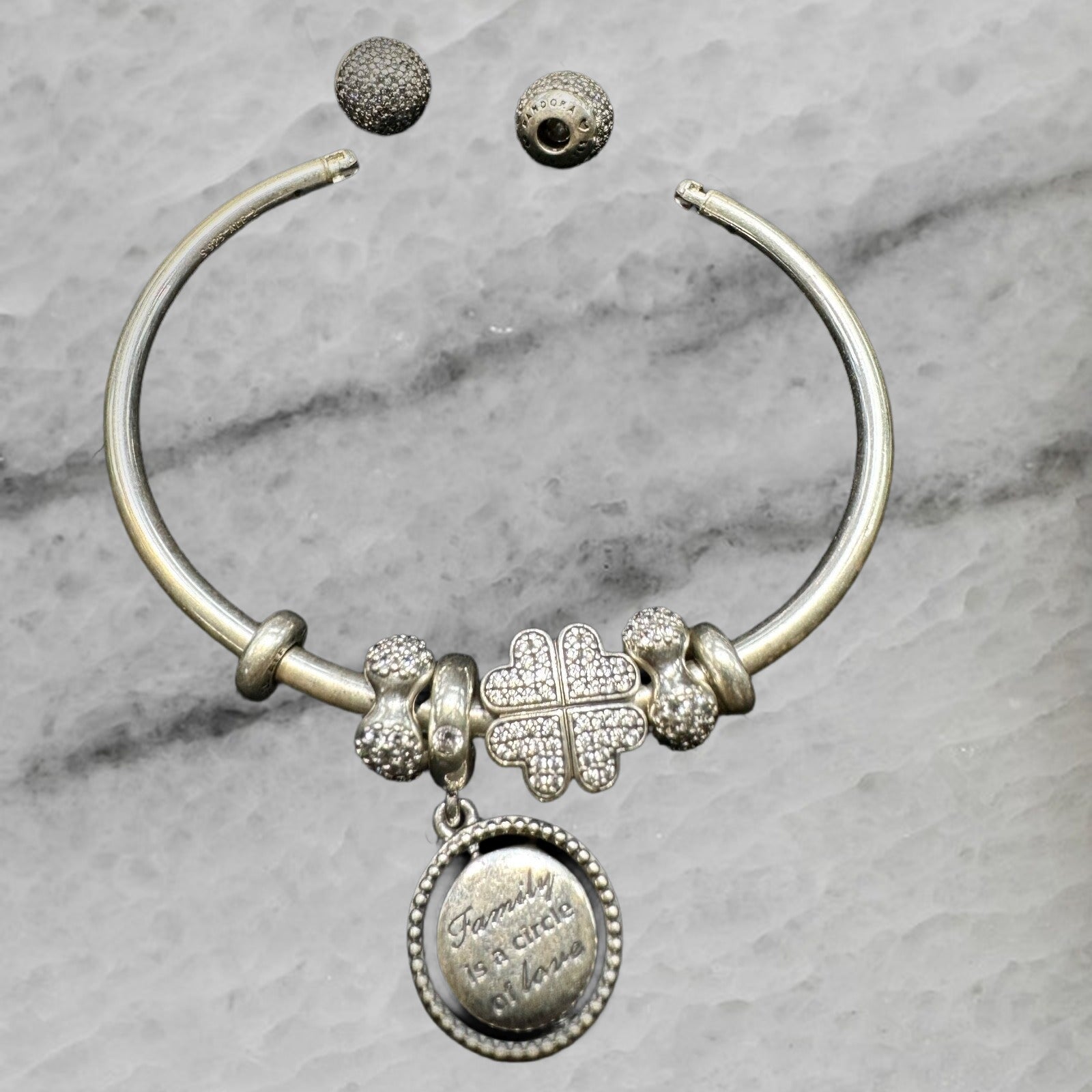 Pandora Moments Sterling Silver 4 Charm Cubic Zirconia Open Bangle Bracelet