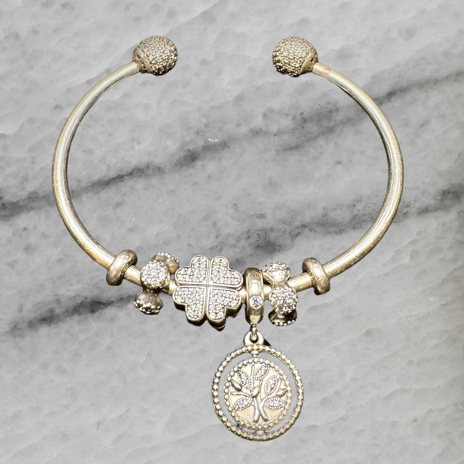 Pandora Moments Sterling Silver 4 Charm Cubic Zirconia Open Bangle Bracelet