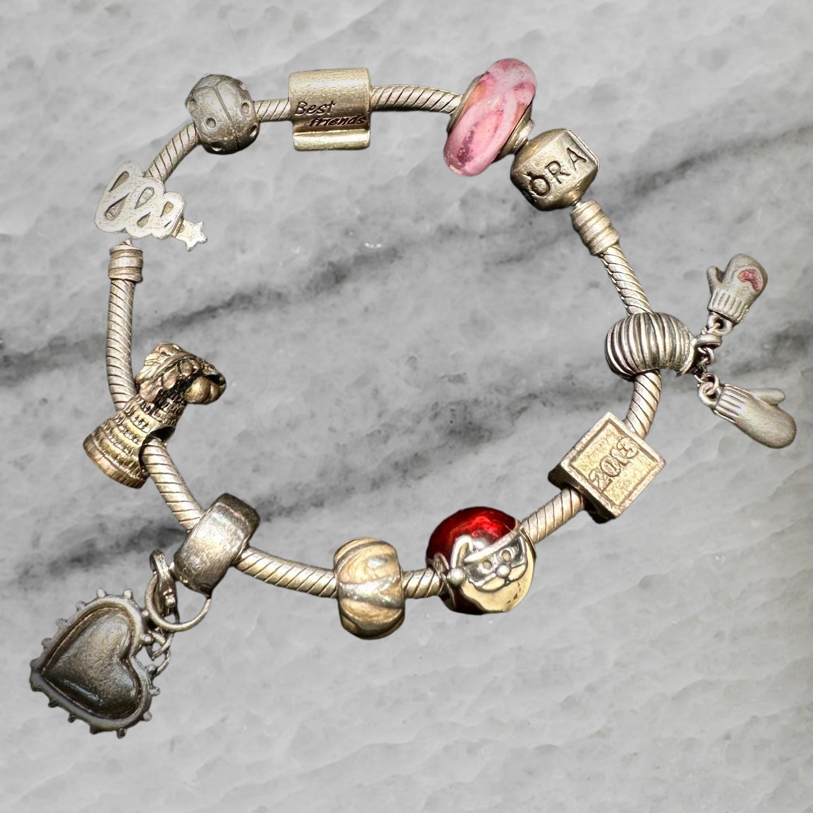 Pandora Moments Sterling Silver Snake Bracelet 7 5 with 10 Charms