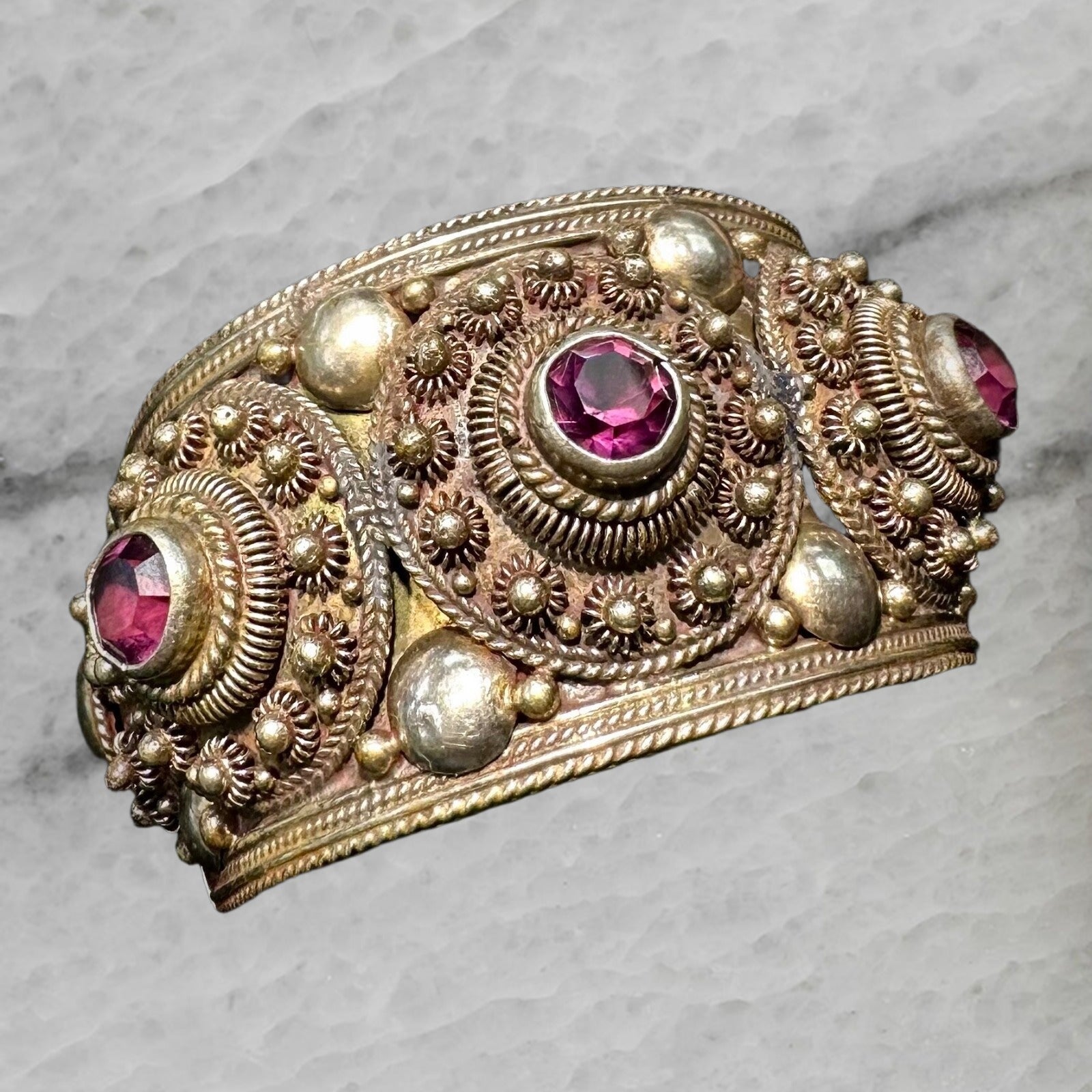 Purple Rhodolite Garnet Siam Sterling Silver Cannetille Vintage Bangle Bracelet