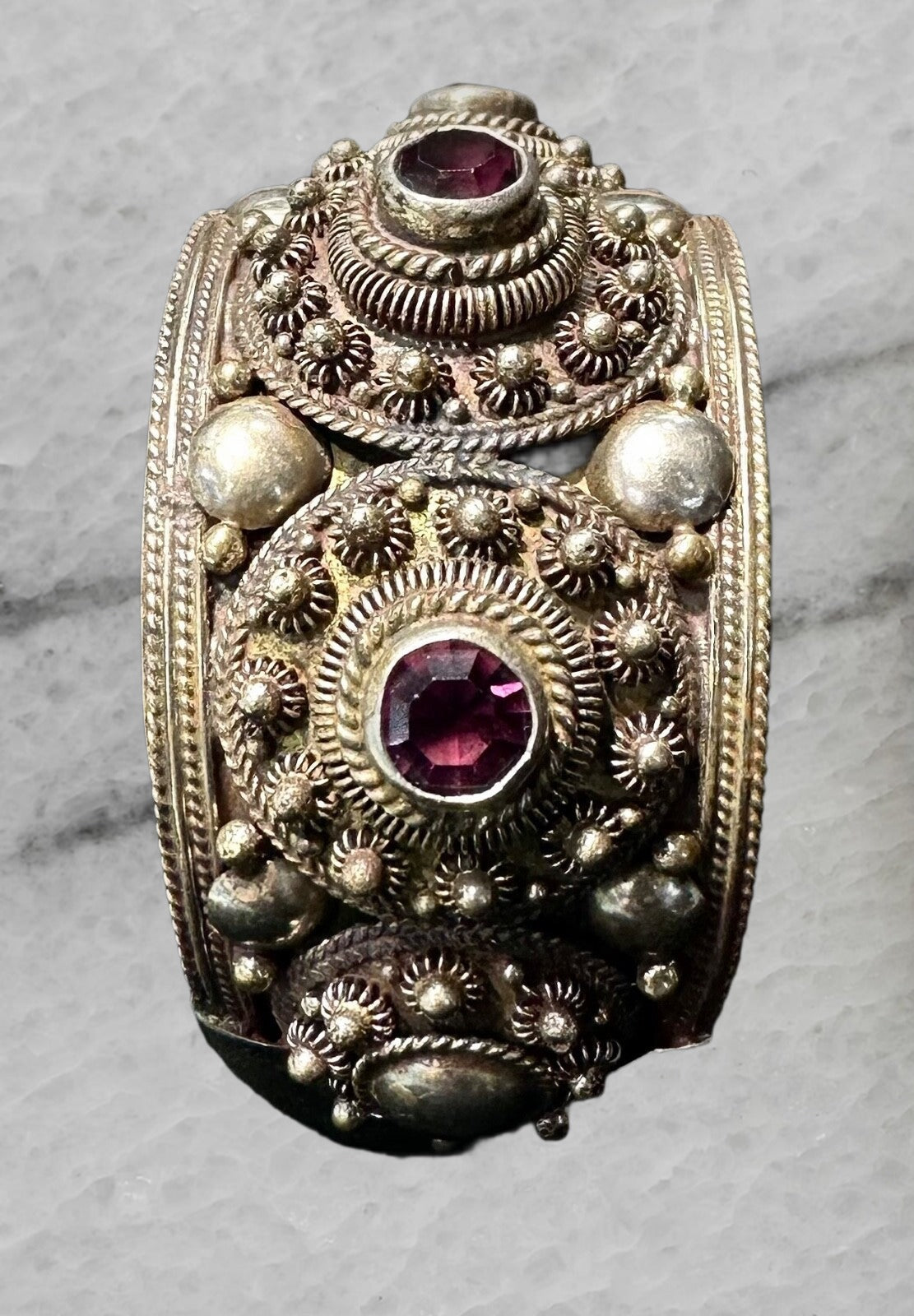 Purple Rhodolite Garnet Siam Sterling Silver Cannetille Vintage Bangle Bracelet