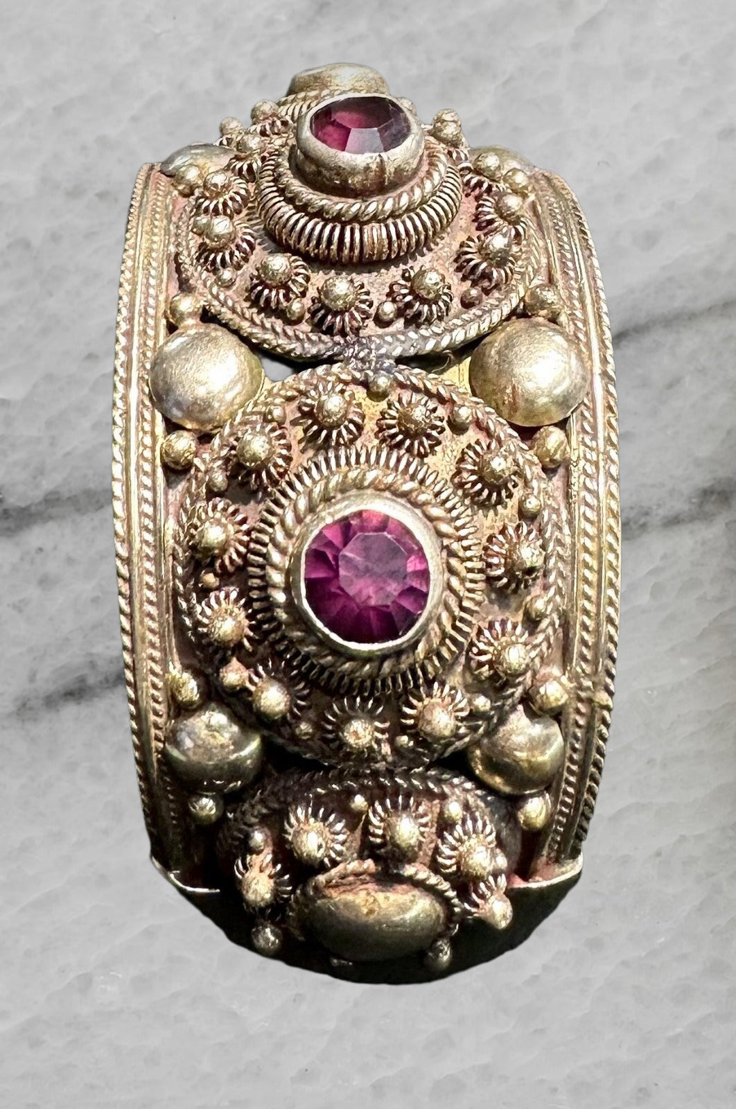 Purple Rhodolite Garnet Siam Sterling Silver Cannetille Vintage Bangle Bracelet