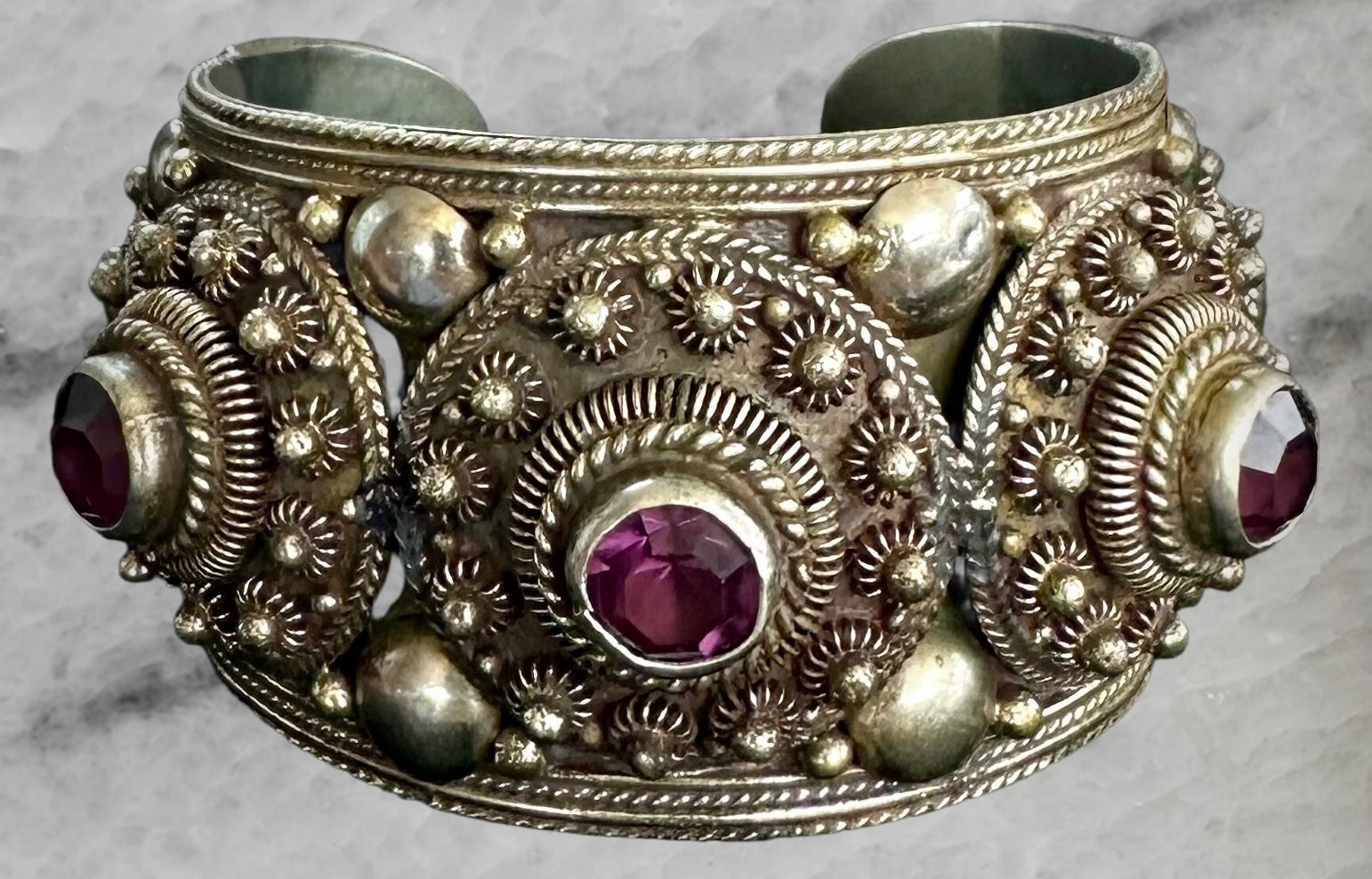 Purple Rhodolite Garnet Siam Sterling Silver Cannetille Vintage Bangle Bracelet
