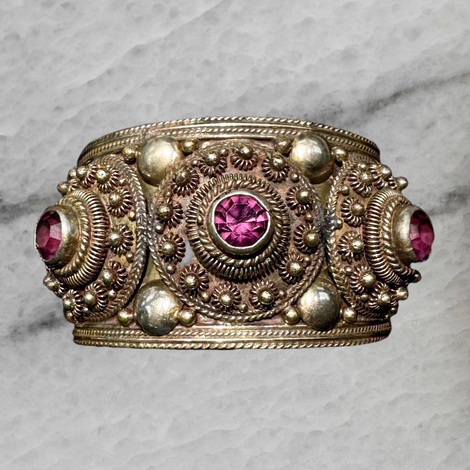 Purple Rhodolite Garnet Siam Sterling Silver Cannetille Vintage Bangle Bracelet