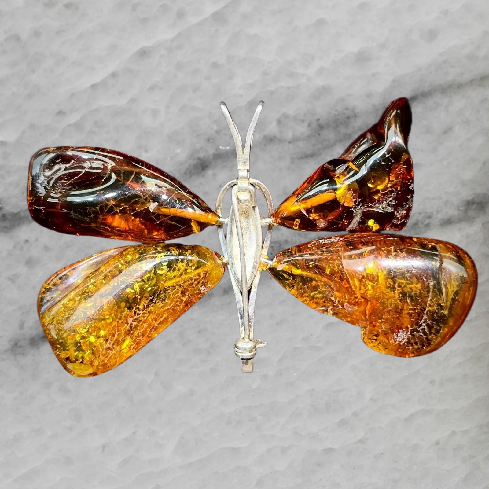 Sterling Silver Butterfly Brooch Pin Pendant with 4 Large Amber Stones