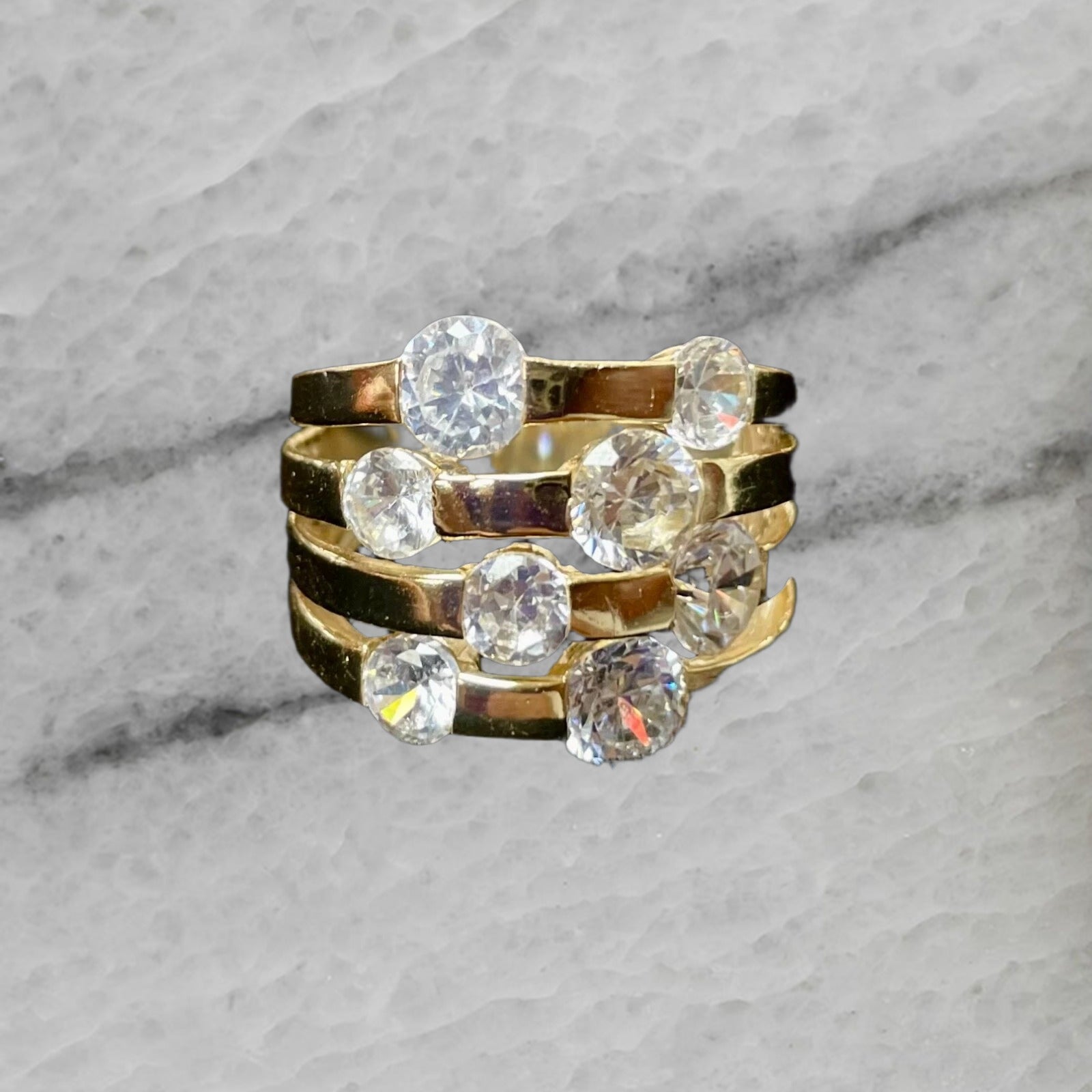 Thailand Fas Gold Plated Sterling Silver Ring with 8 Big Czs Size 6