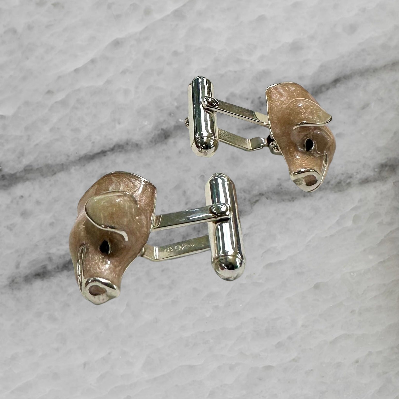 Thistle Bee Italy Sterling Silver Enameled Pig Head Cufflinks