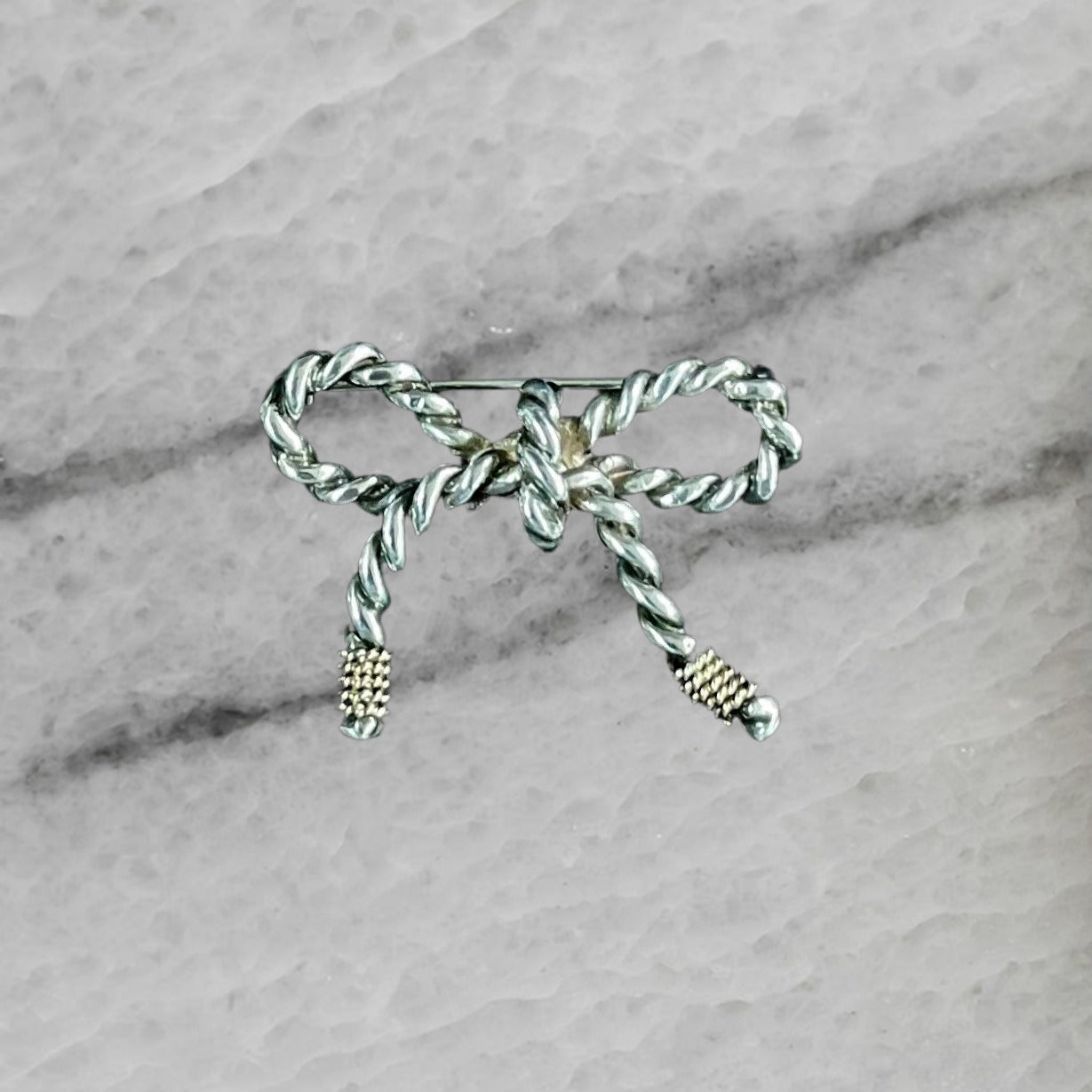 Tiffany Co Sterling Silver 14K Yellow Gold Rope Bow Brooch Pin