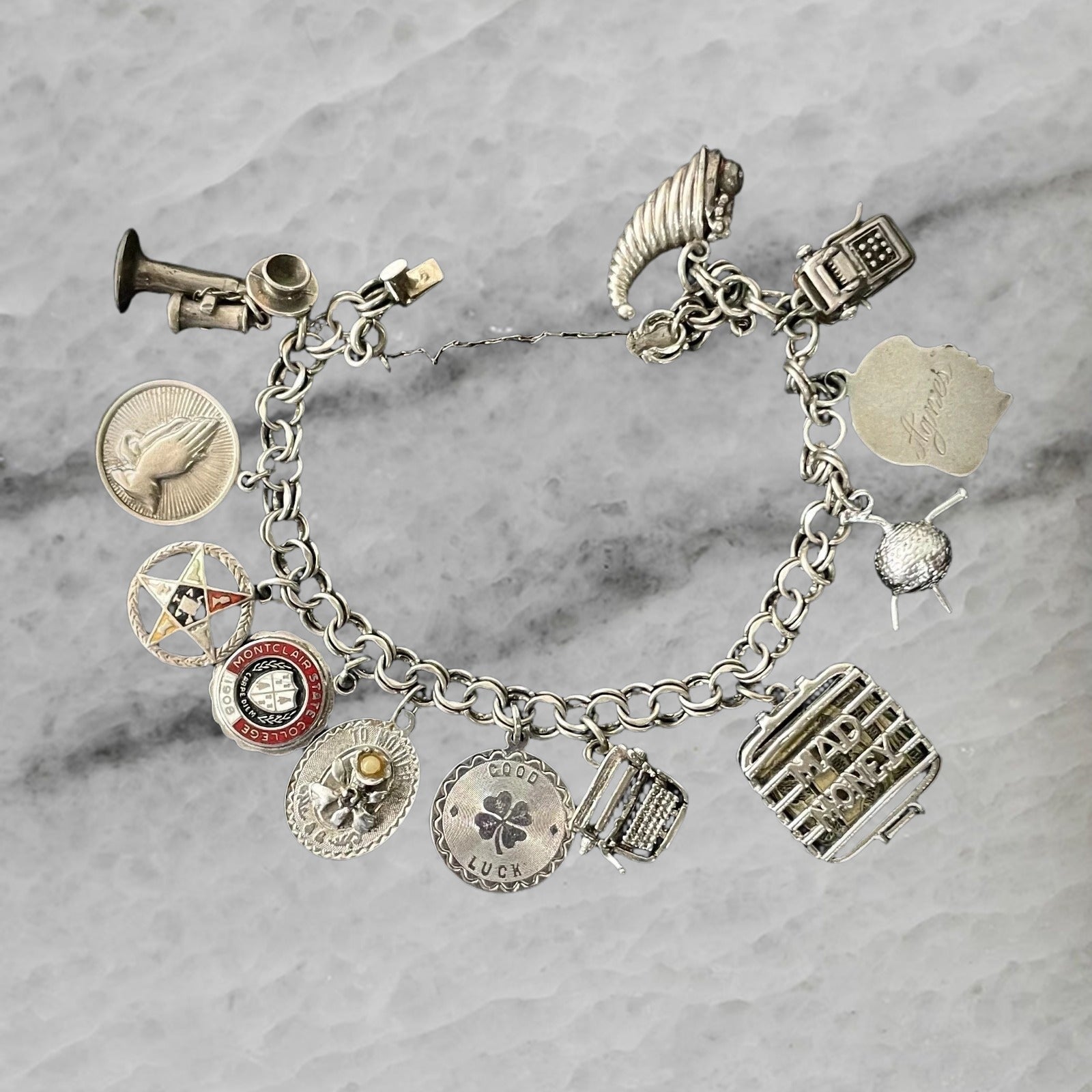 Vintage 12 Charm Sterling Silver Charm Bracelet 8