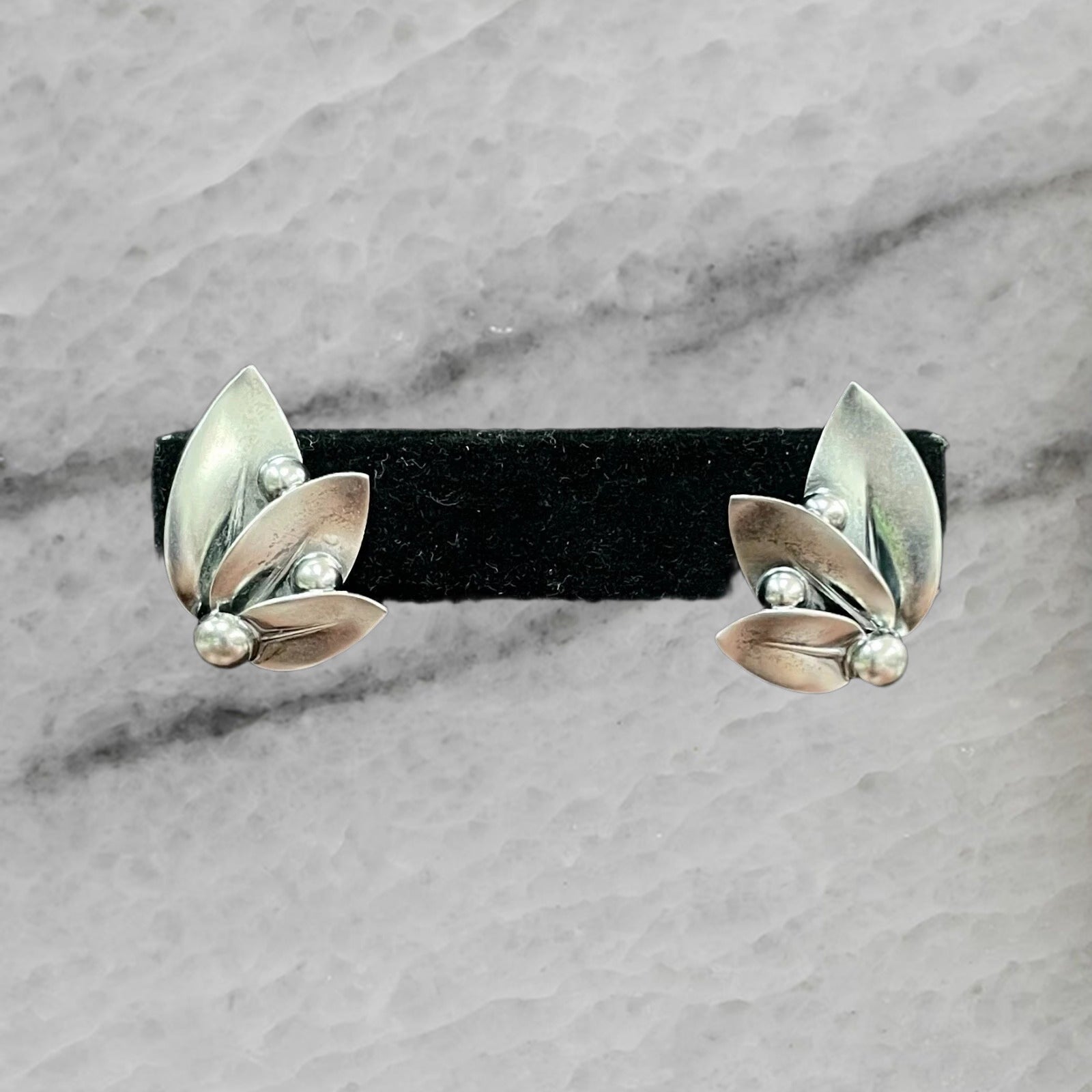 Vintage Denmark N E From 925 Sterling Silver Modernist Leaves Ear Clips
