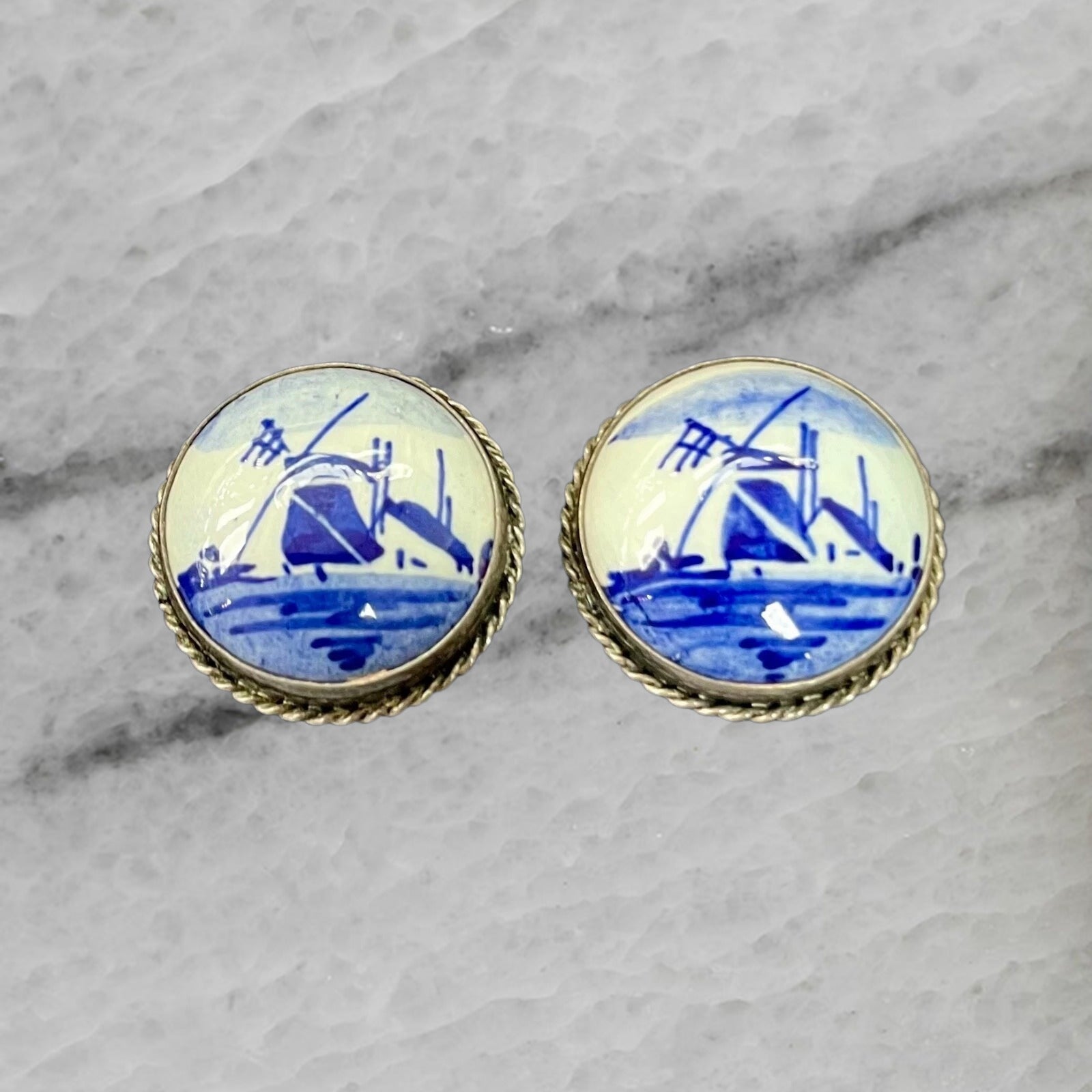 Vintage Dutch Delft Porcelain Windmill 835 Silver Clip Back Earrings