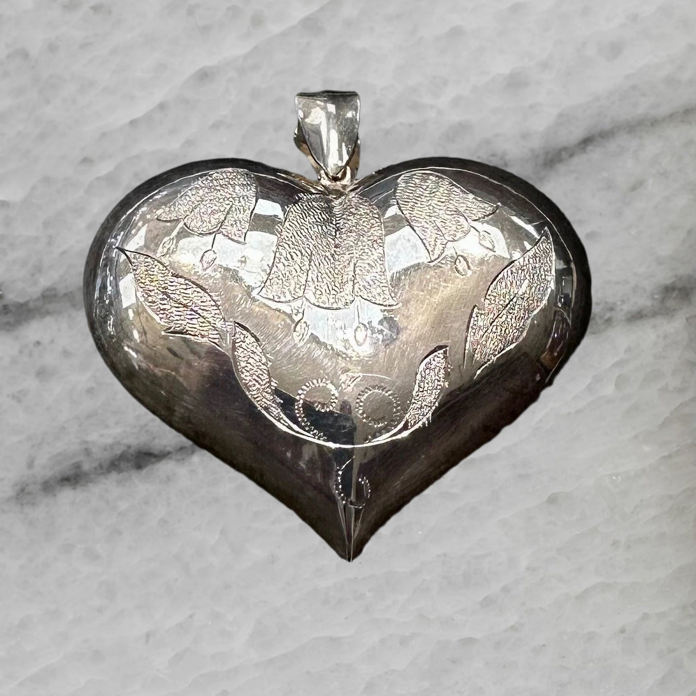 Vintage Large Puffy Heart Sterling Silver Etched Pendant