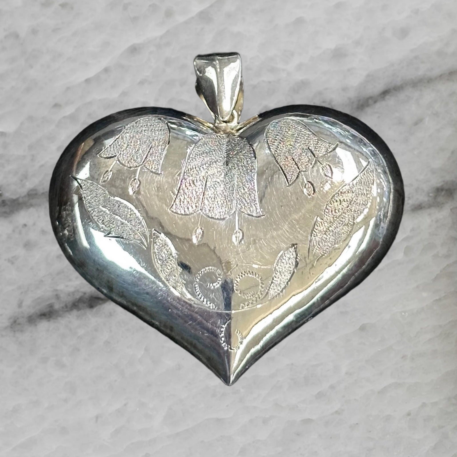 Vintage Large Puffy Heart Sterling Silver Etched Pendant