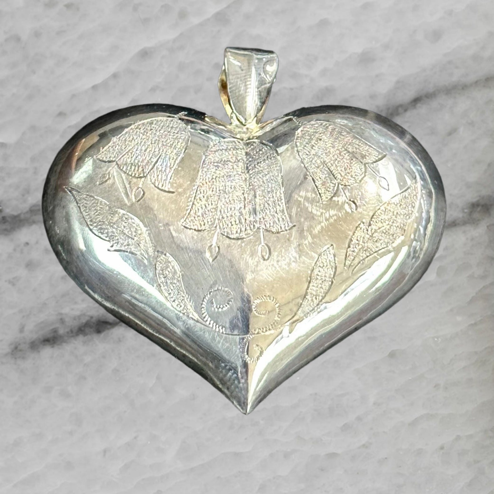 Vintage Large Puffy Heart Sterling Silver Etched Pendant