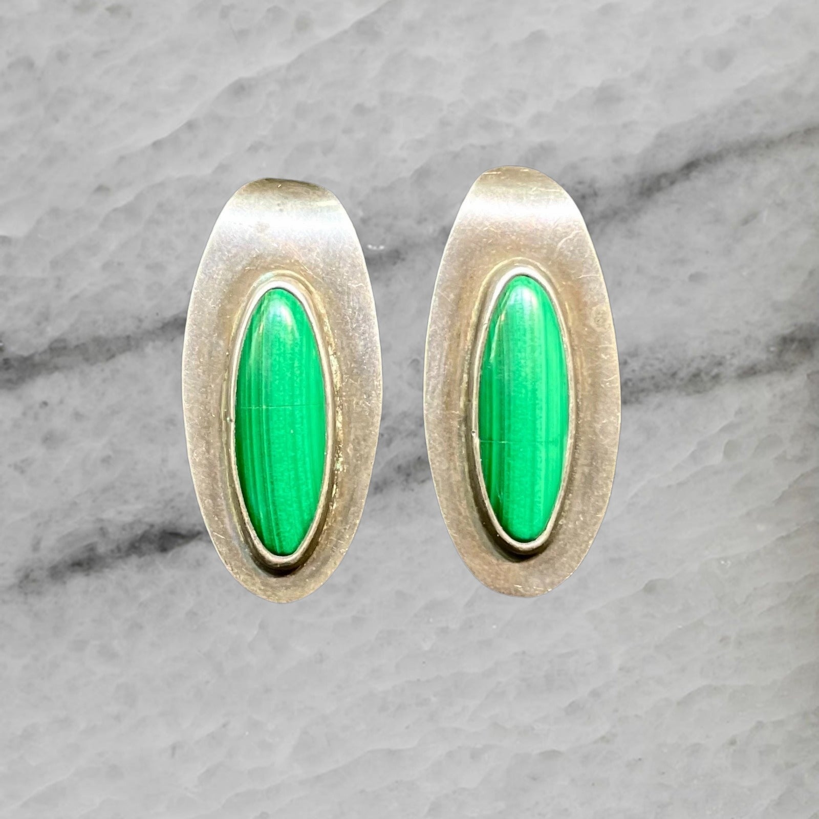 Vintage Mexico Sterling Silver Jade Earrings Ear Clips