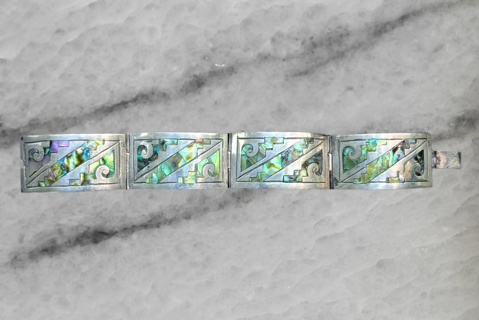 Vintage Mexico Taxco Sterling Silver Wide Panel Bracelet with Abalone