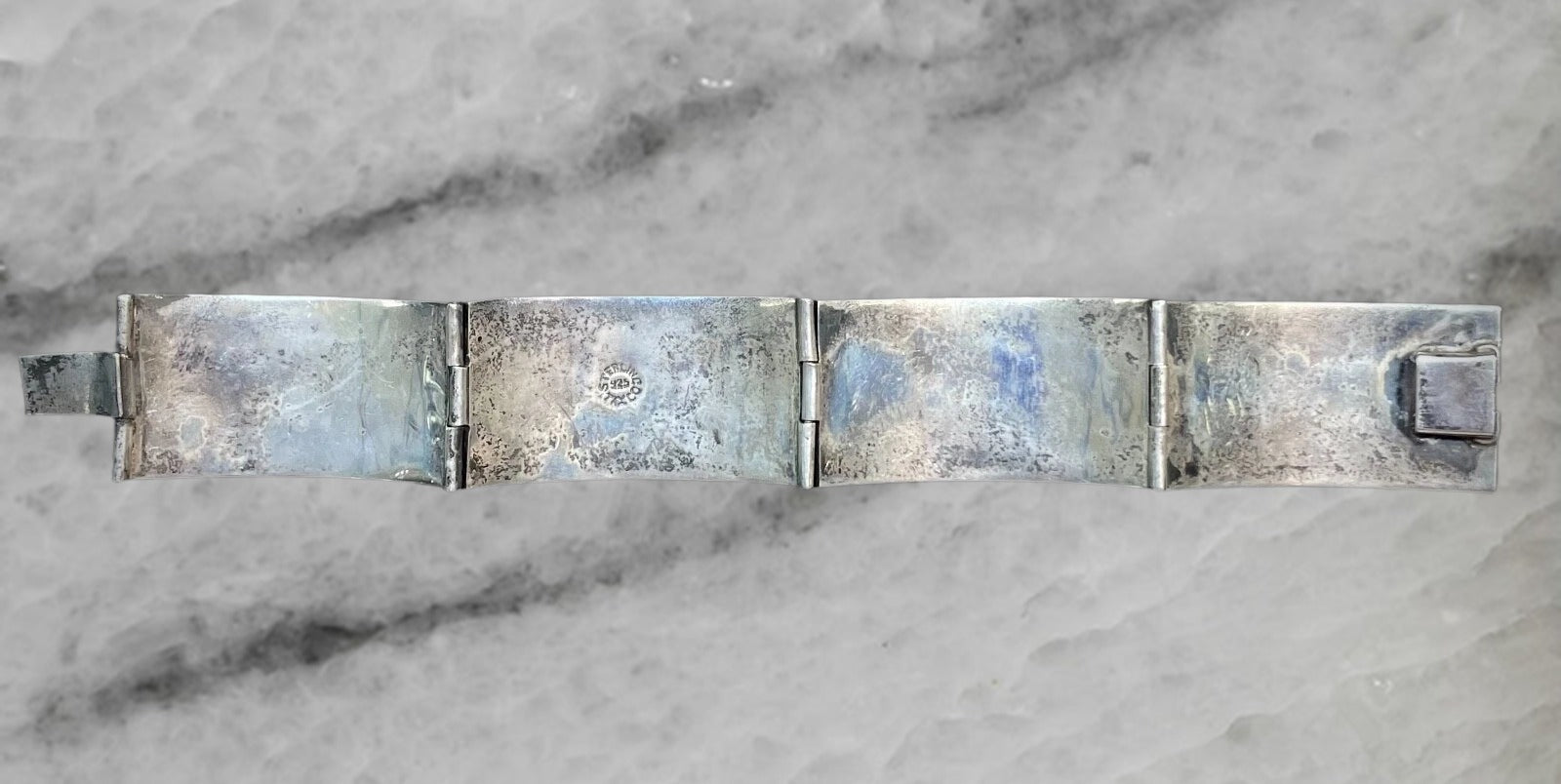 Vintage Mexico Taxco Sterling Silver Wide Panel Bracelet with Abalone