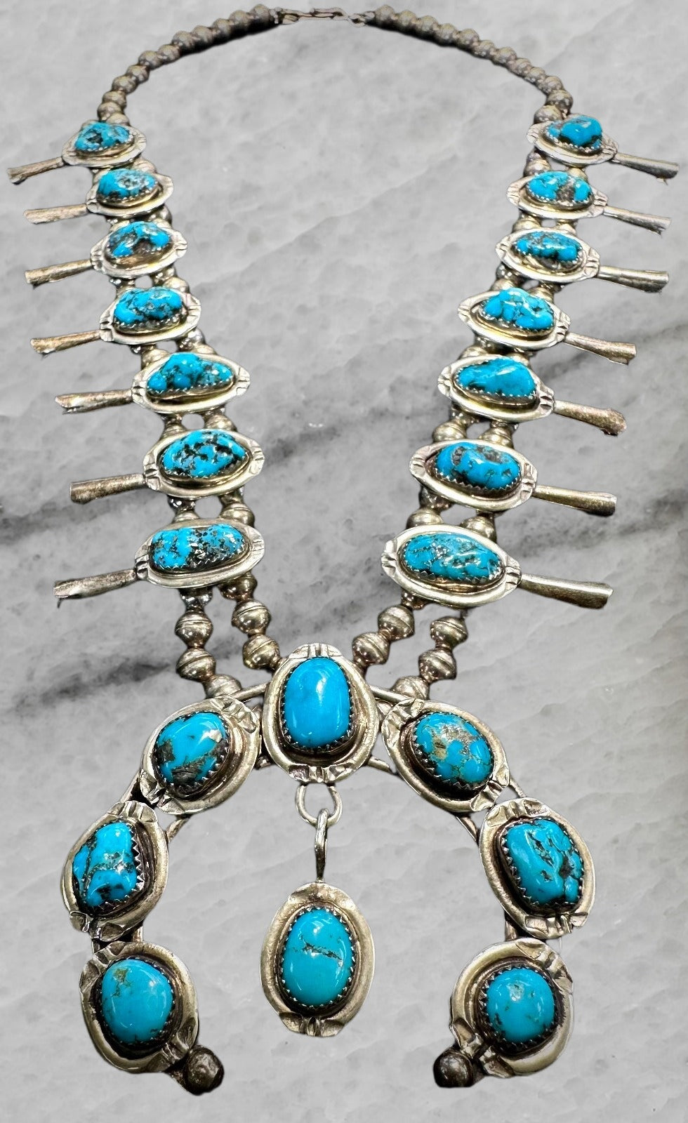 Vintage Navajo Sterling Silver Naja Squash Blossom Turquoise Bead Necklace 18