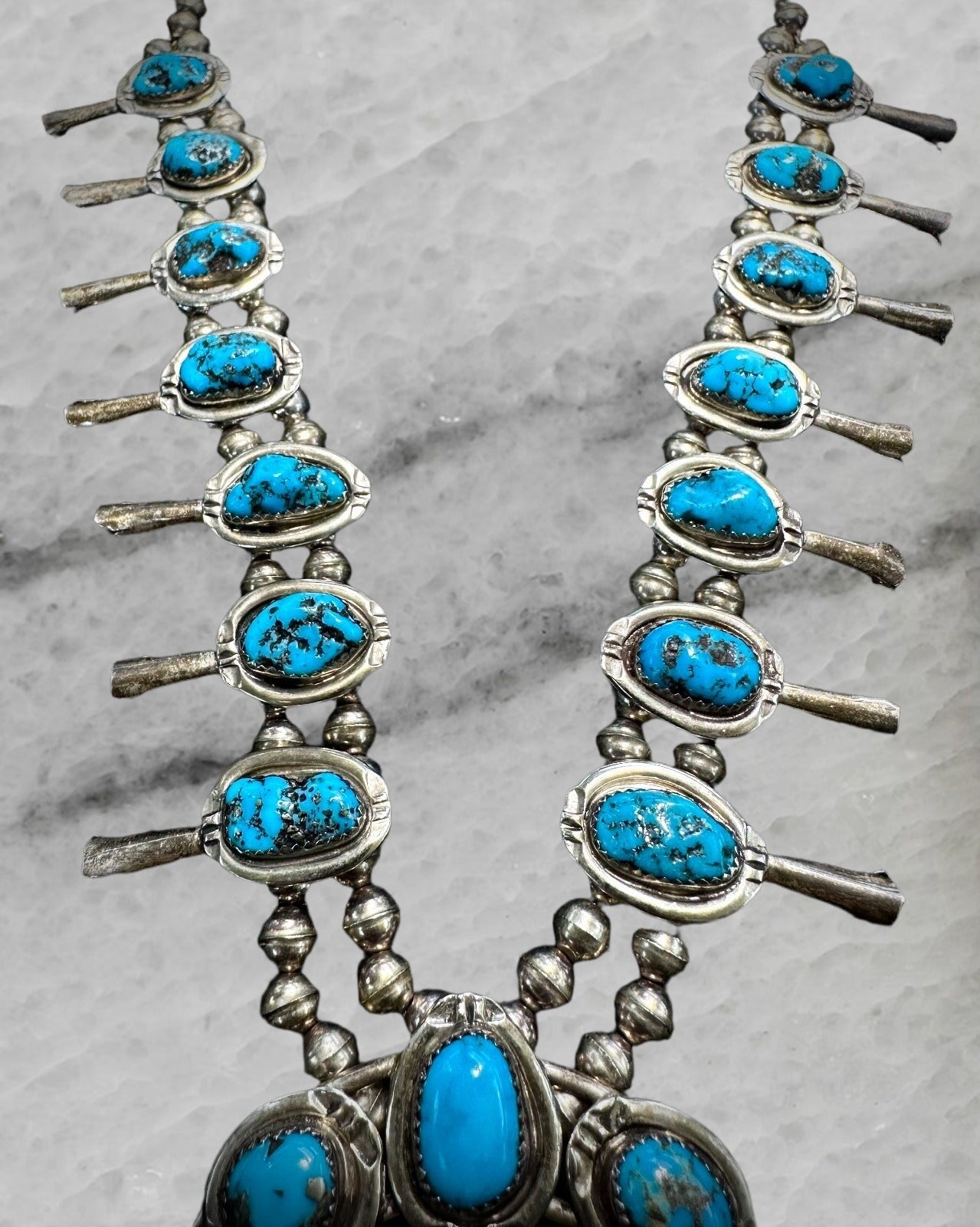 Vintage Navajo Sterling Silver Naja Squash Blossom Turquoise Bead Necklace 18
