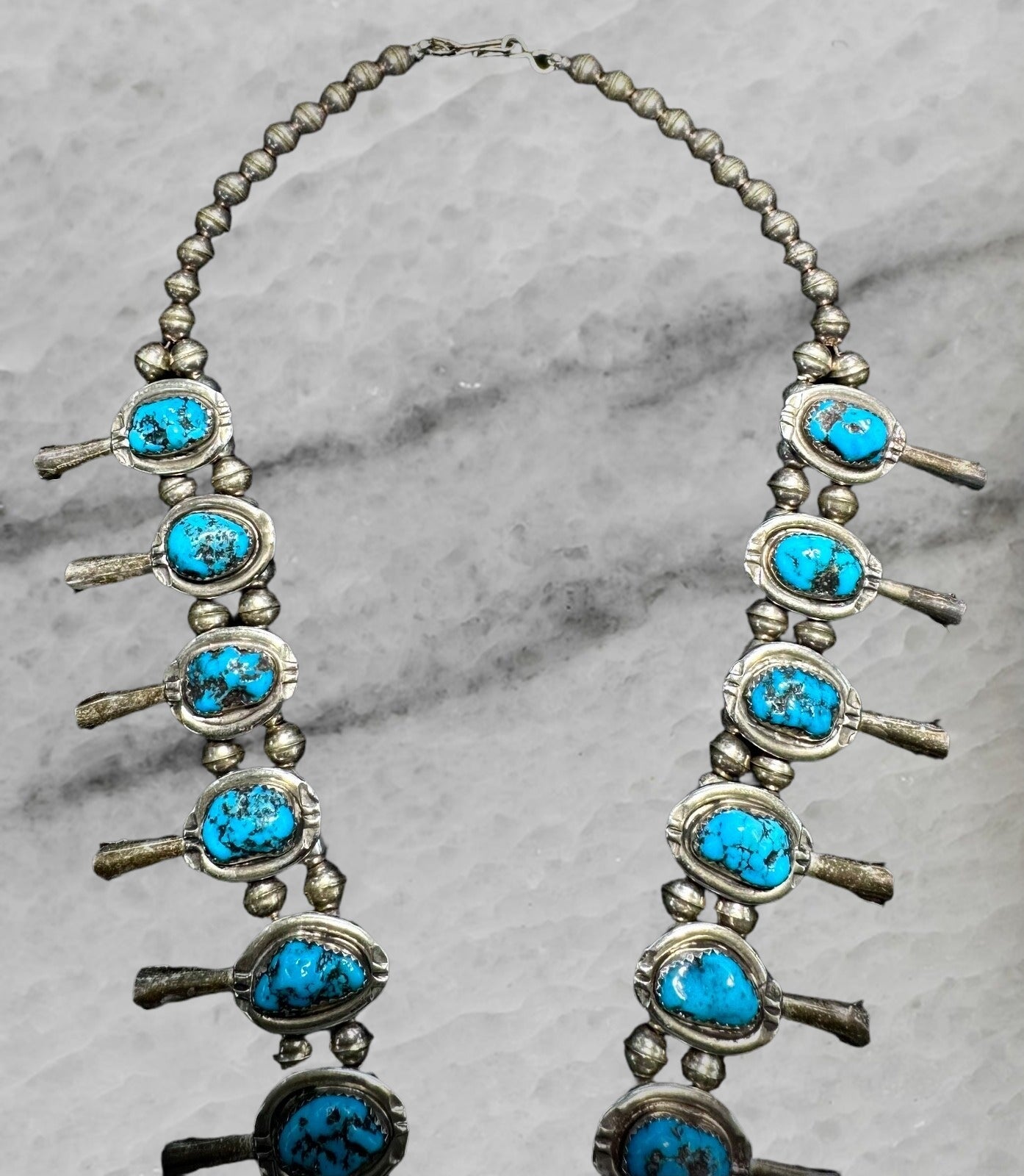 Vintage Navajo Sterling Silver Naja Squash Blossom Turquoise Bead Necklace 18