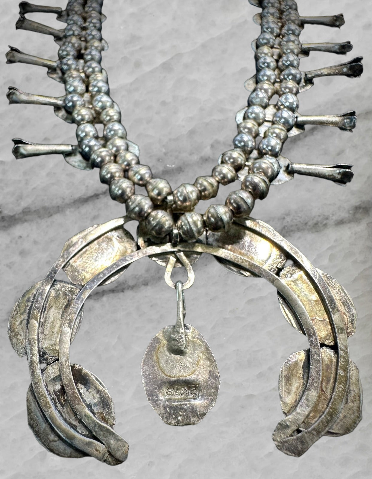Vintage Navajo Sterling Silver Naja Squash Blossom Turquoise Bead Necklace 18