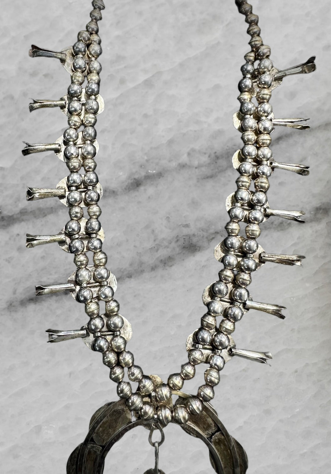 Vintage Navajo Sterling Silver Naja Squash Blossom Turquoise Bead Necklace 18