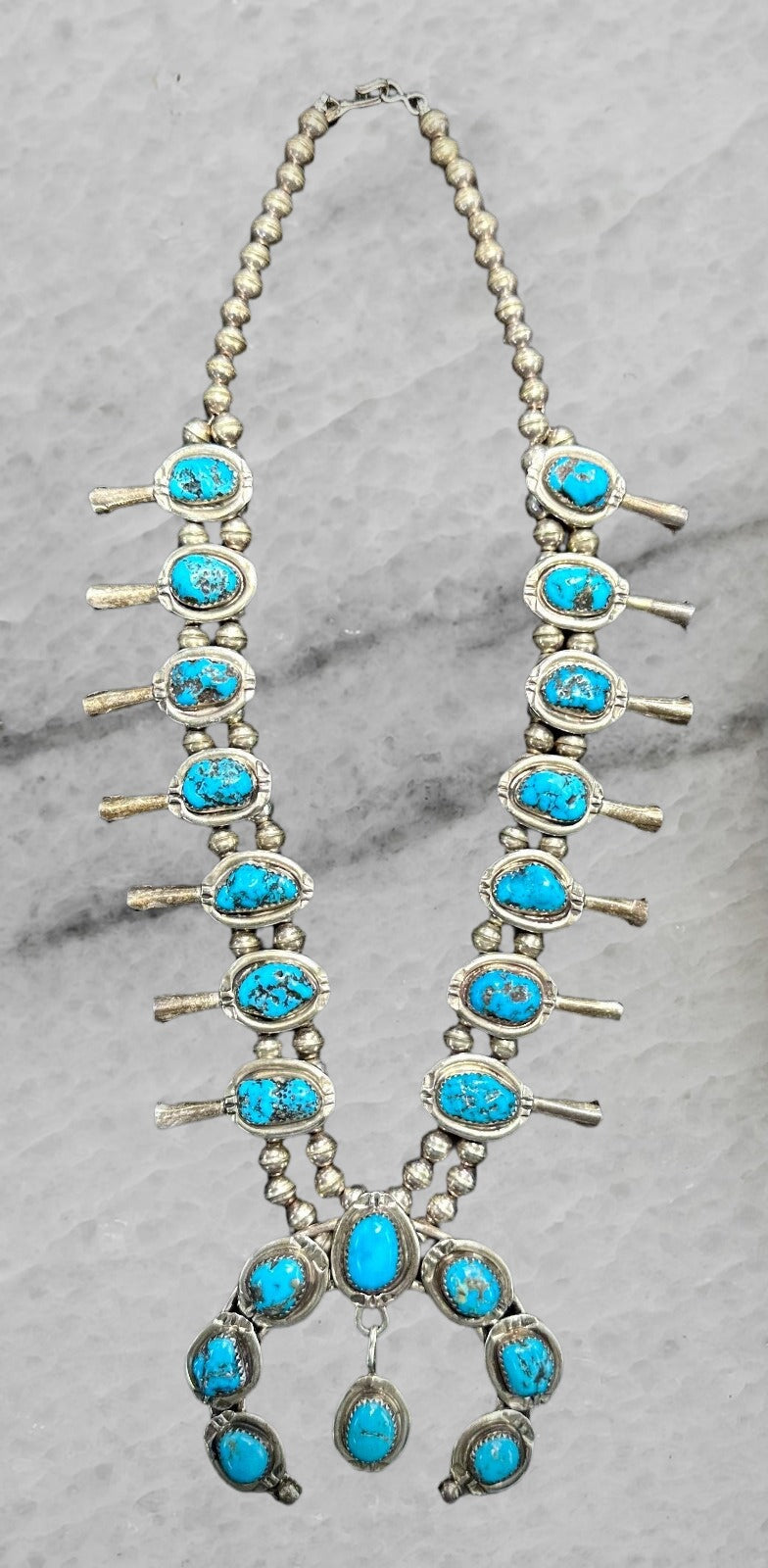 Vintage Navajo Sterling Silver Naja Squash Blossom Turquoise Bead Necklace 18