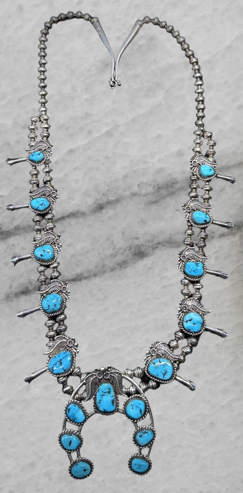 Vintage Navajo Sterling Silver Naja Squash Blossom Turquoise Bead Necklace 28 5