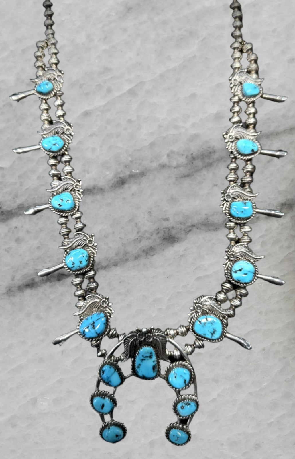 Vintage Navajo Sterling Silver Naja Squash Blossom Turquoise Bead Necklace 28 5