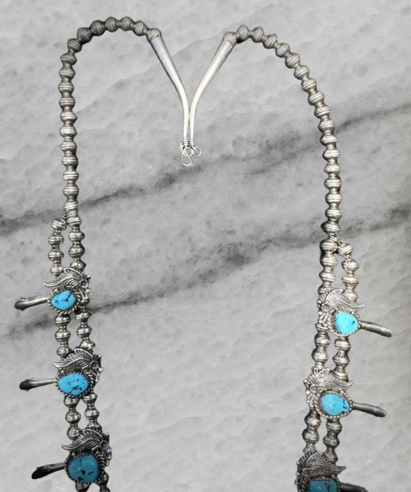 Vintage Navajo Sterling Silver Naja Squash Blossom Turquoise Bead Necklace 28 5