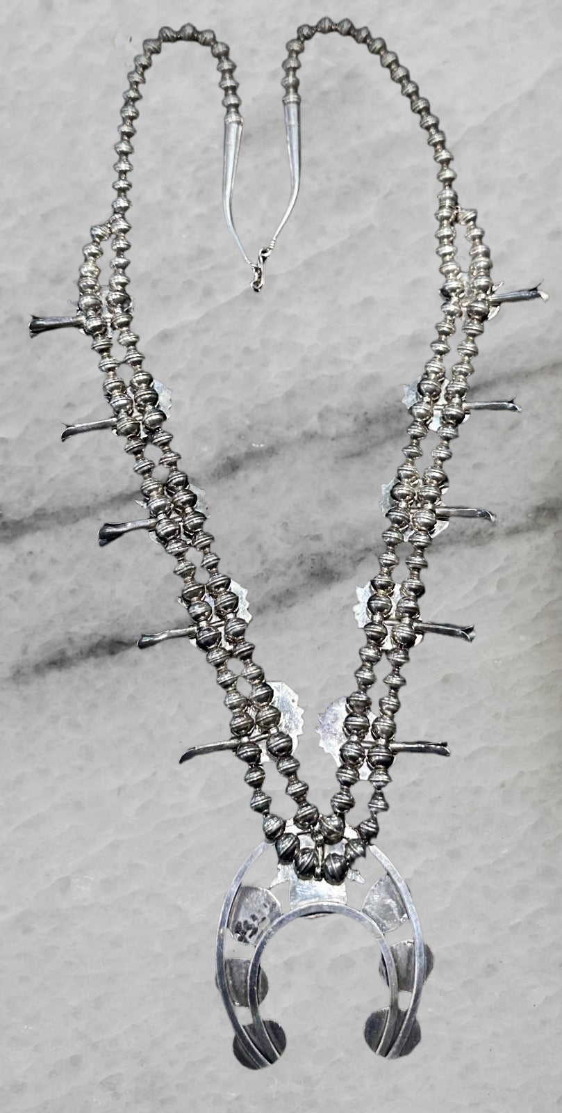 Vintage Navajo Sterling Silver Naja Squash Blossom Turquoise Bead Necklace 28 5