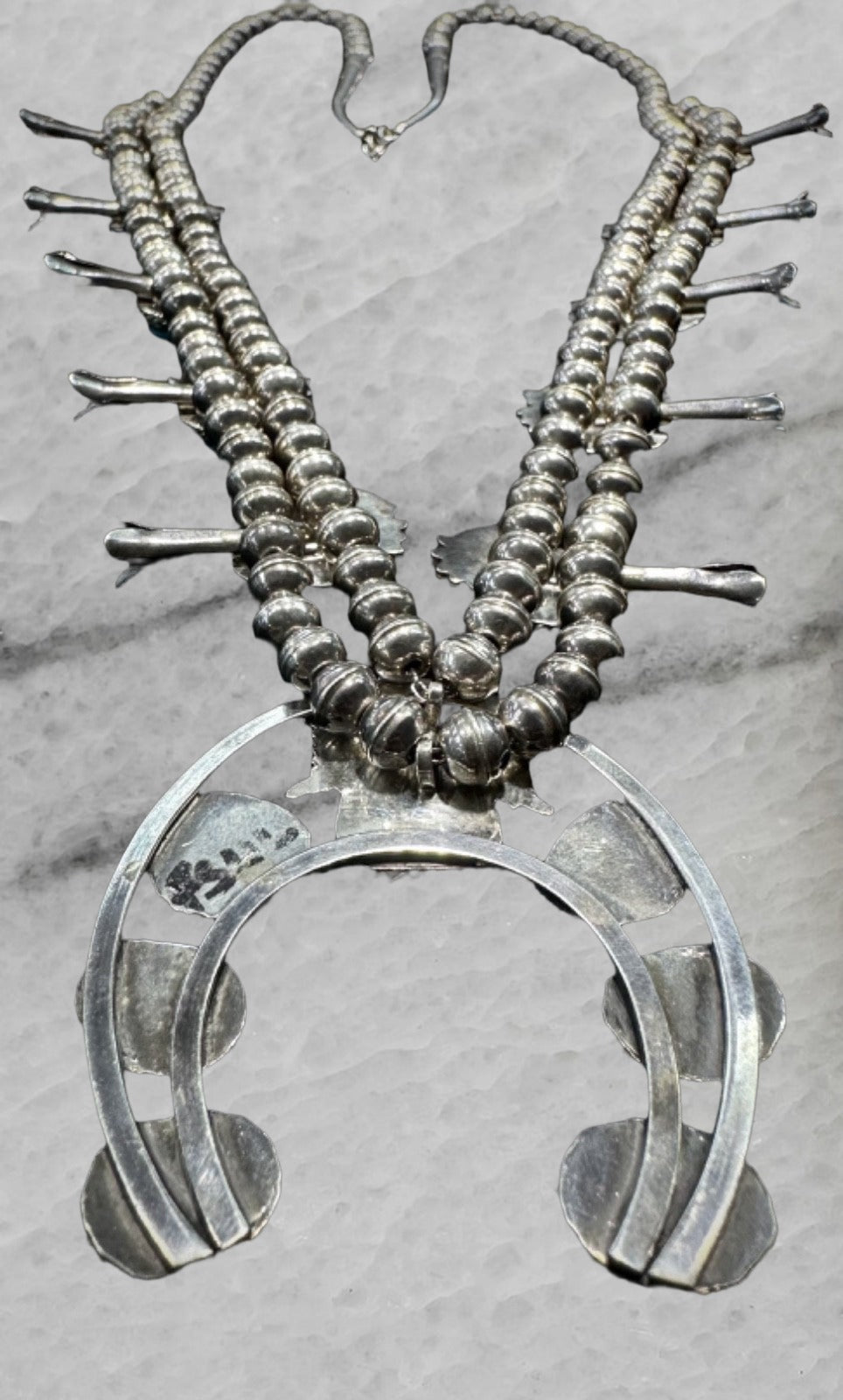 Vintage Navajo Sterling Silver Naja Squash Blossom Turquoise Bead Necklace 28 5