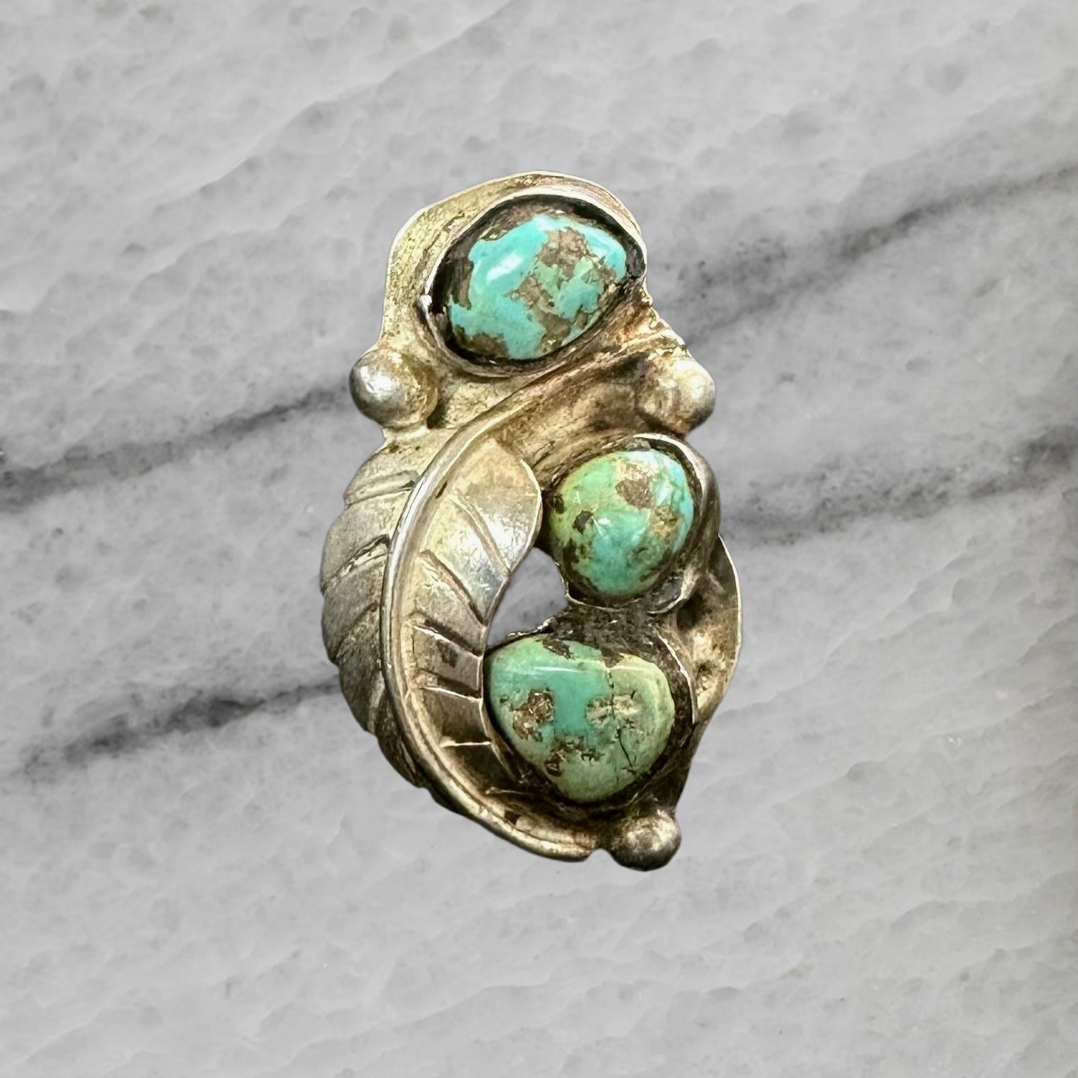 Vintage Navajo Sterling Silver Triple Turquoise Leaf Ring Size 6.5